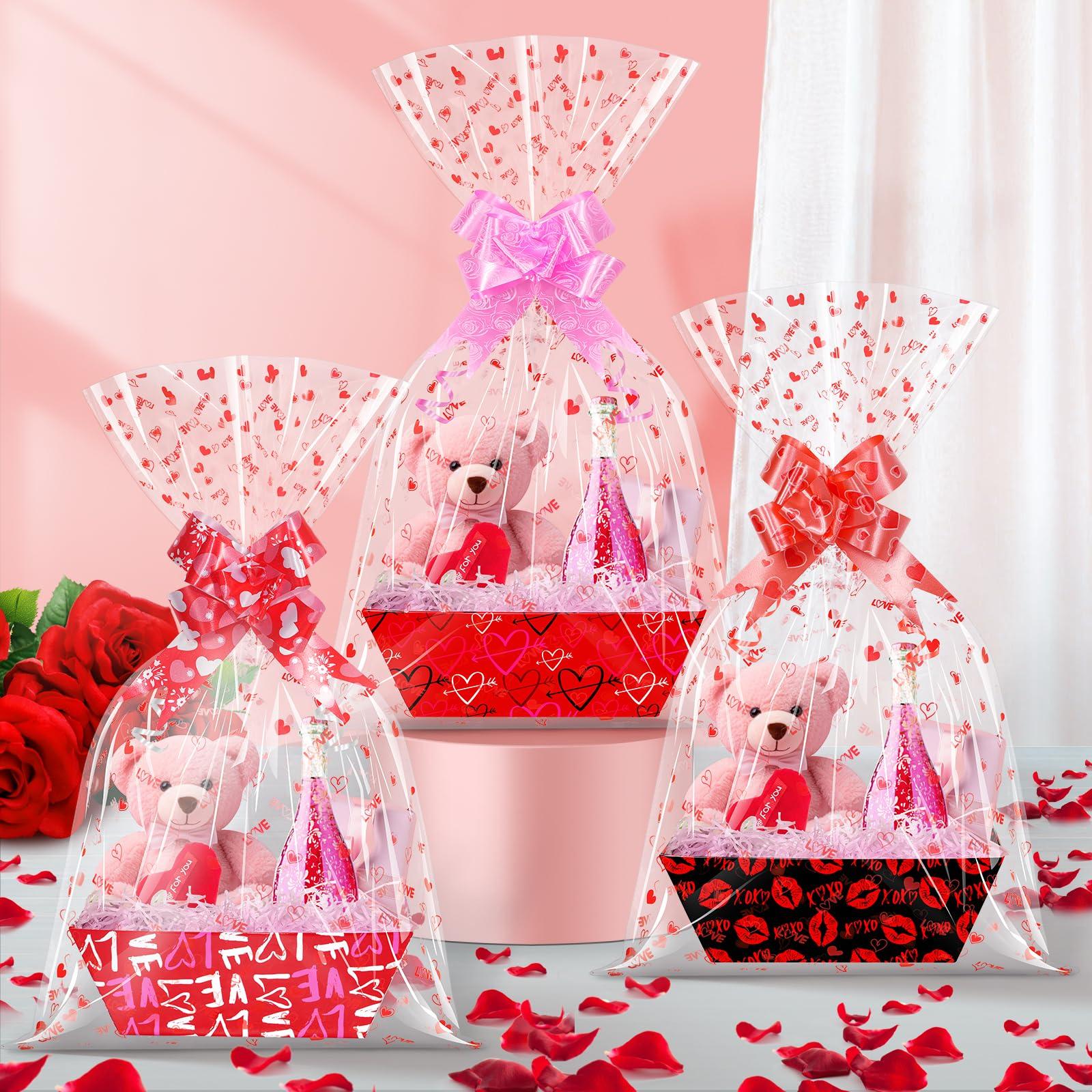Hallswl 12 Set Valentines Day Empty Gifts Baskets Bulk with Cellophane Basket Bags and Bows Ribbons,Love Heart Market Tray Cardboard Gift Basket Empty to Fill for Valentine\'s Day Birthday Wedding Decor