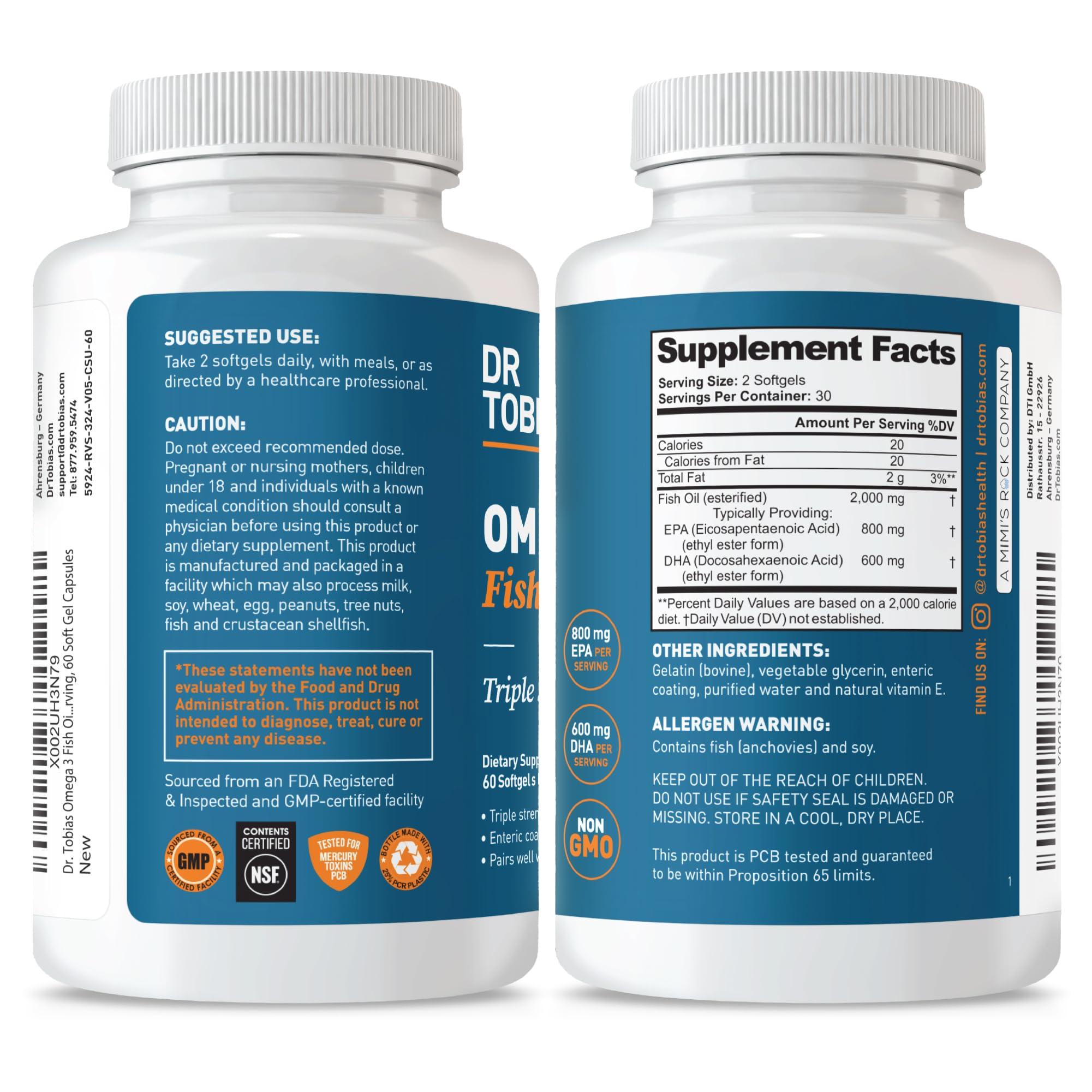 Dr. Tobias Dr. Tobias Omega 3 Fish Oil, 2000mg Triple Strength with 800mg EPA 600mg DHA Per Serving, Fish Oil Omega 3 Supplements for Heart, Brain & Immune Support, 60 Softgels, 30 Servings