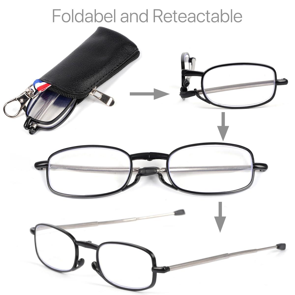 VANANA VANANA Foldable Blue Light Blocking Reading Glasses, Telescopic Glasses Legs Reader with Portable Zipper Bag Keychain (Black (2 Pairs), 2.5, multiplier_x)