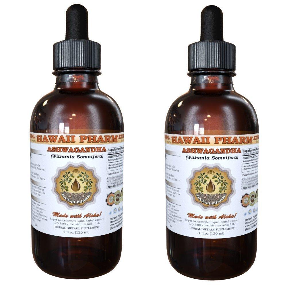 HawaiiPharm Ashwagandha Liquid Extract, Organic Ashwagandha (Withania Somnifera) Dried Root Tincture 2x4 oz