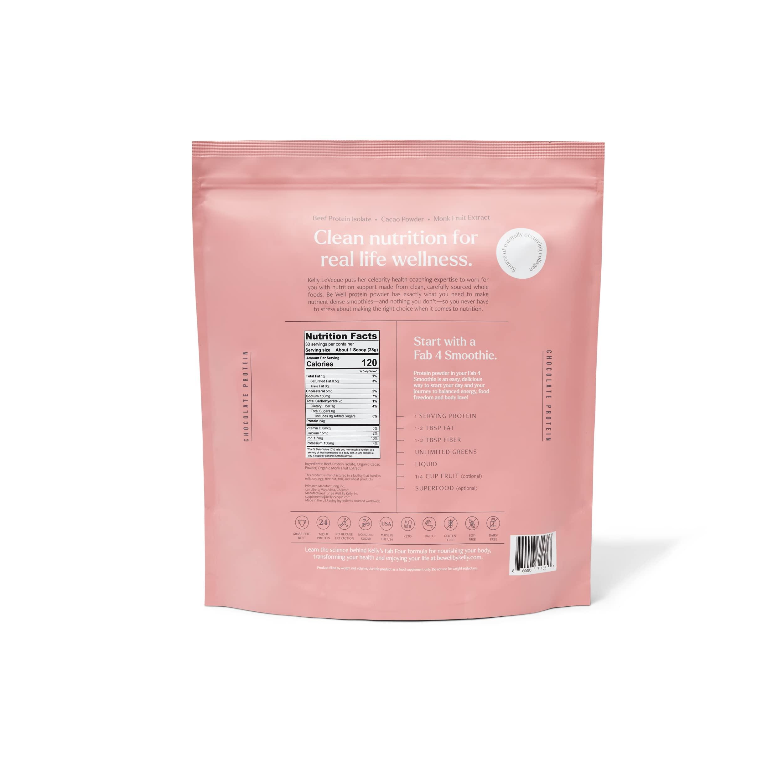 Be Well by Kelly LeVeque Be Well by Kelly Chocolate Grass-Fed Beef Protein Powder, 24G of Protein & 1G Net Carbs (3 Ingredients, 30 Servings) 9 Amino Acids + 3 BCAAs No Soy, No Dairy, Stevia-Free, No Sugar Added 1.87lb 849g