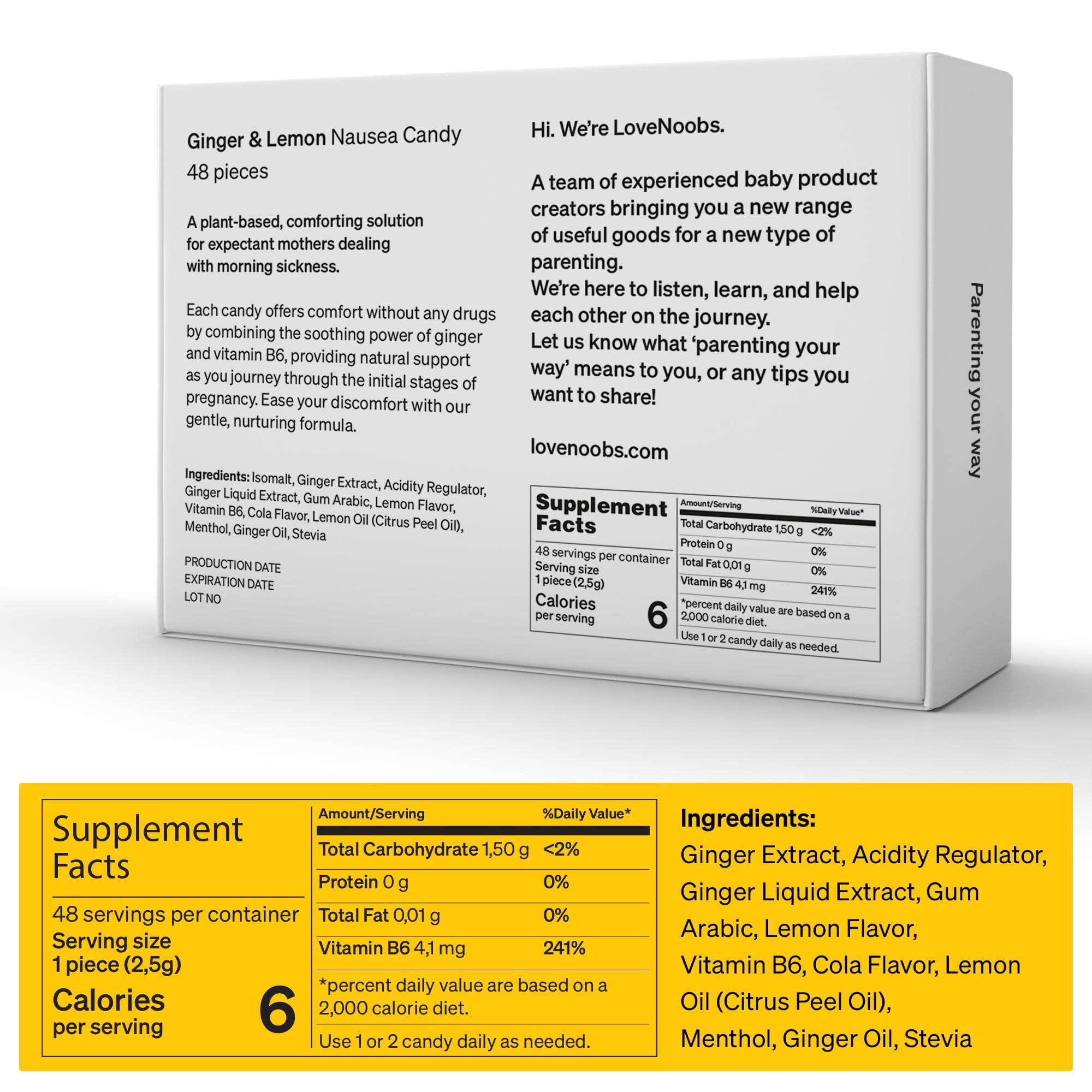 Love Noobs Lemon Ginger Candy for Nausea Pregnancy by LoveNoobs, Anti Nausea Pregnancy, Lemon Ginger Chews for Nausea, Anti Nausea Candy for Morning Sickness, Ginger Drops for Motion Sickness, Sugar-Free, B6