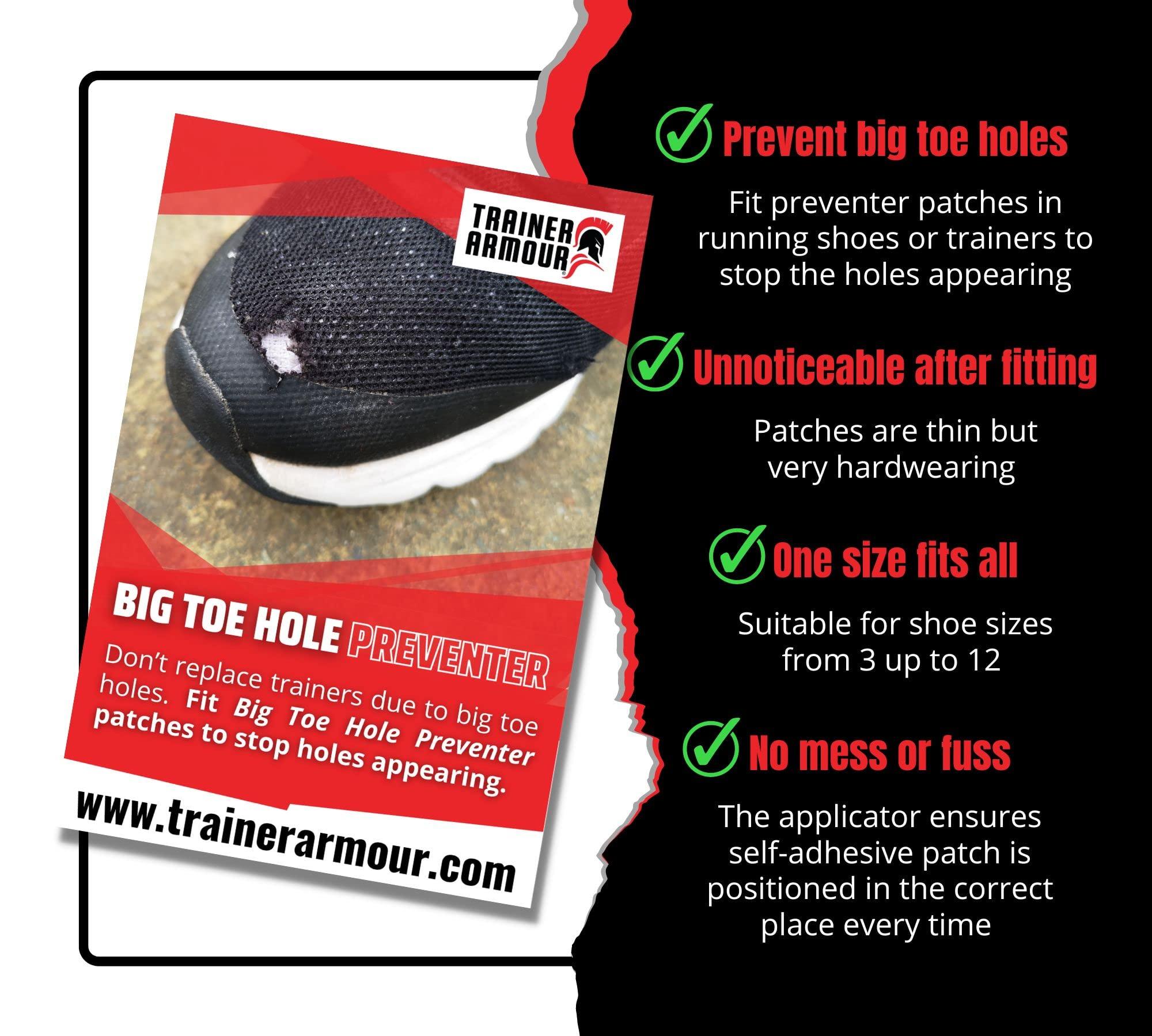 Trainer Armour Trainer Armour - Big Toe Hole Preventer, self-Adhesive Patches with a Clever applicator. Shoe Toe Burst Toe Box Blowout Prevention Insert, Toe Hole Area Repair Patch. for Running Shoes and Sneakers.