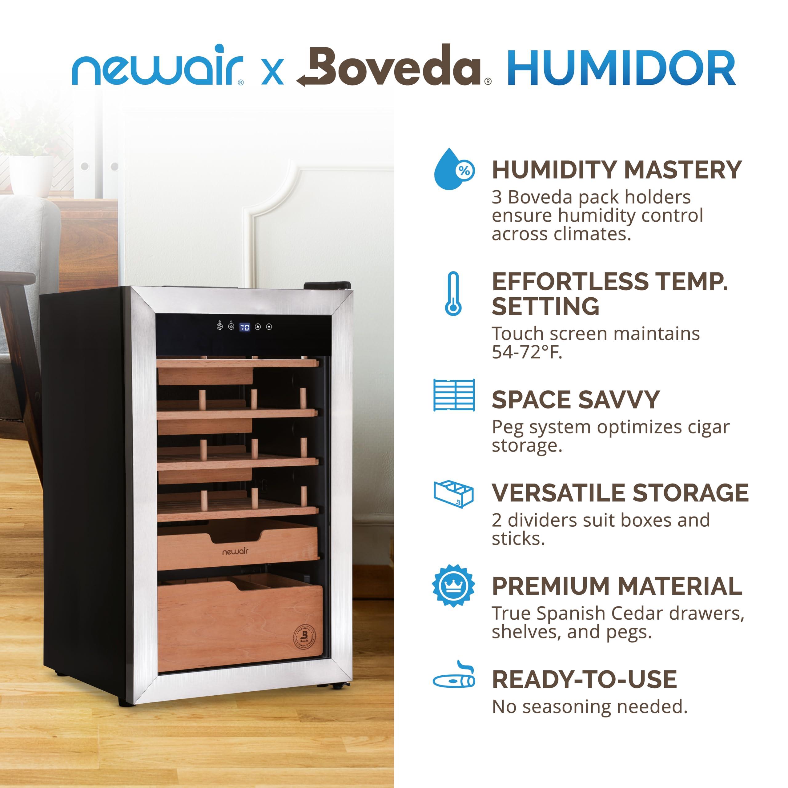 NewAir NewAir x Boveda 500 Count Electric Humidor, Spanish Cedar Shelves with Temperature Control, Cigar Humidor Box with Built-In Boveda Humidity Control in Stainless Steel