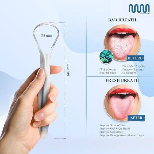 mastermedi MasterMedi Tongue Scraper for Adults, 100% Stainless Steel for Bad Breath, Easy to Use, Tongue Cleaner for Oral Care (Pack of 3 with Case), White