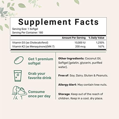 Micro Ingredients Vitamin D3 10000 iu Plus K2 (MK-7) 200 mcg, 180 Virgin Coconut Oil Softgels| 2 in 1 Vitamins D & K Complex | Supports Calcium Absorption, Bone, Immune, & Heart Health – Easy to Swallow