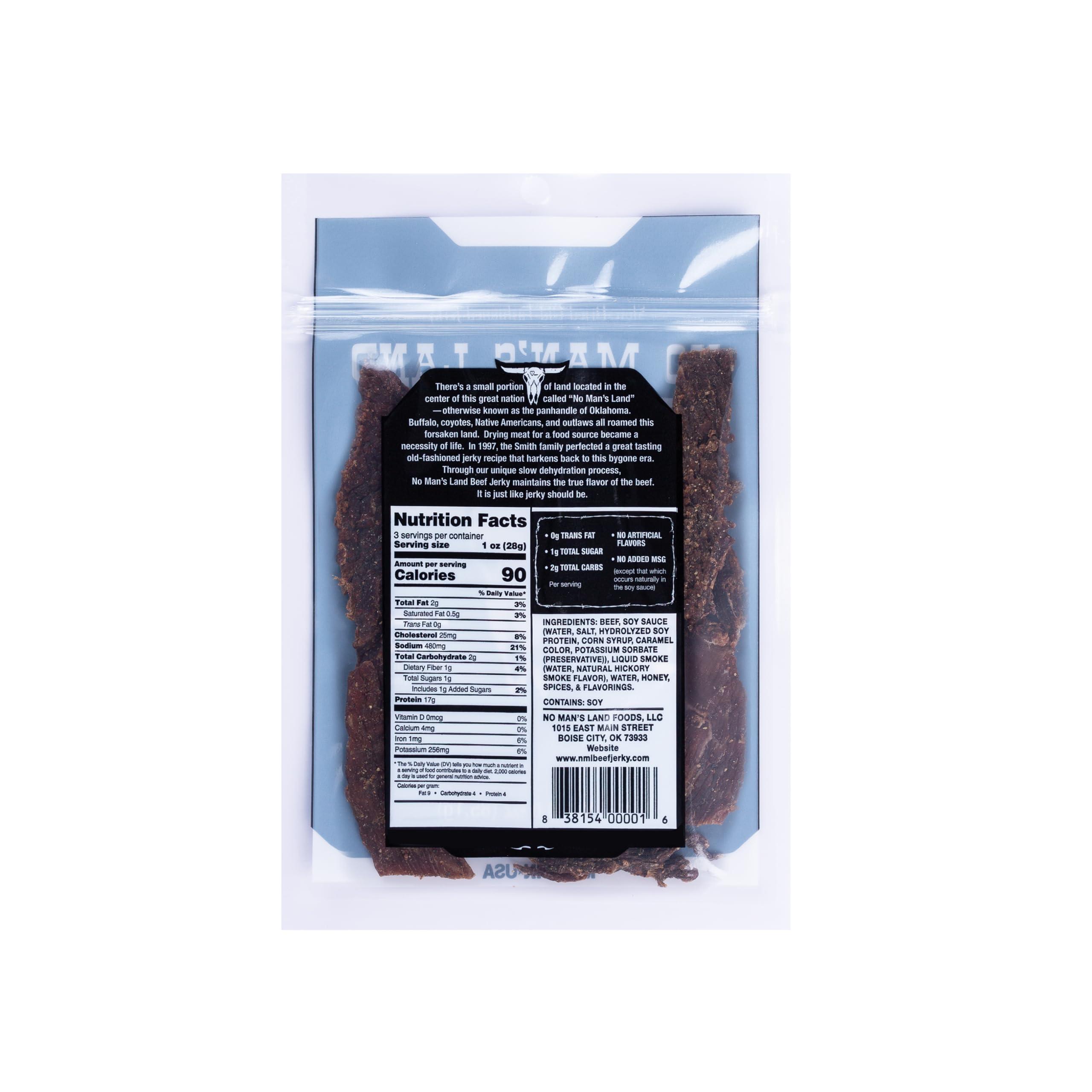 NO MANS LAND BEEF JERKY No Man’s Land MILD Beef Jerky High Protein Low Calorie Low Carb Beef Snack 3.0oz Bag