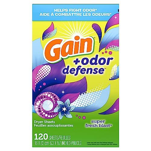 Gain Gain + Odor Defense Fabric Softener Dryer Sheets, Super Fresh Blast Scent, 120 ct