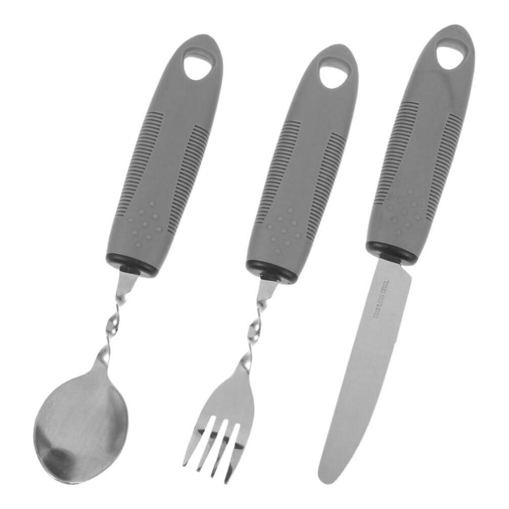 Baluue Adaptive Utensils: 3pcs Non-Weighted Elderly Angled Spoon Disabled Fork Cutter Non Slip Disabled Person Tablewares Built Up Utensils for Hand Elderly