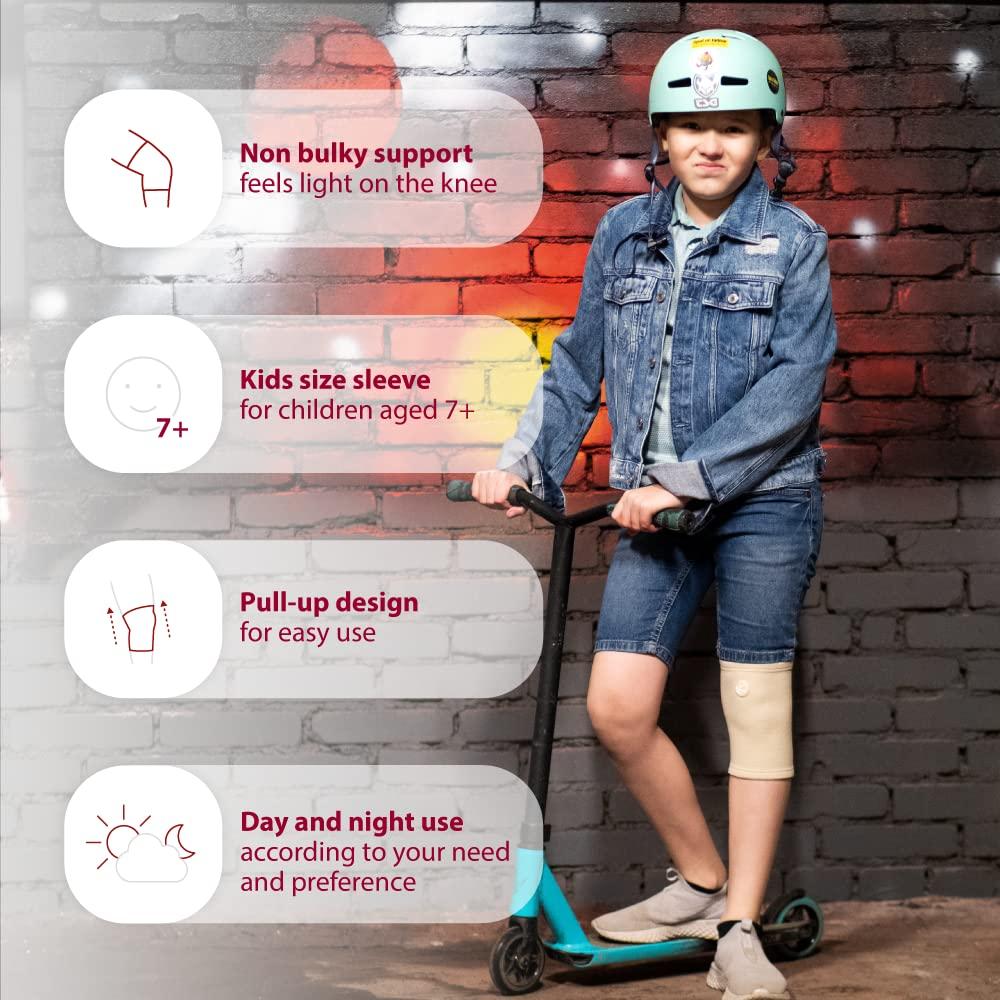 KARM KARM Kids Knee Brace Sleeve - Youth Knee Compression Sleeve for Kids, Child - Support for Pain, Sports, Football, Basketball, Gymnastics, Recovery, Boys & Girls (Beige)