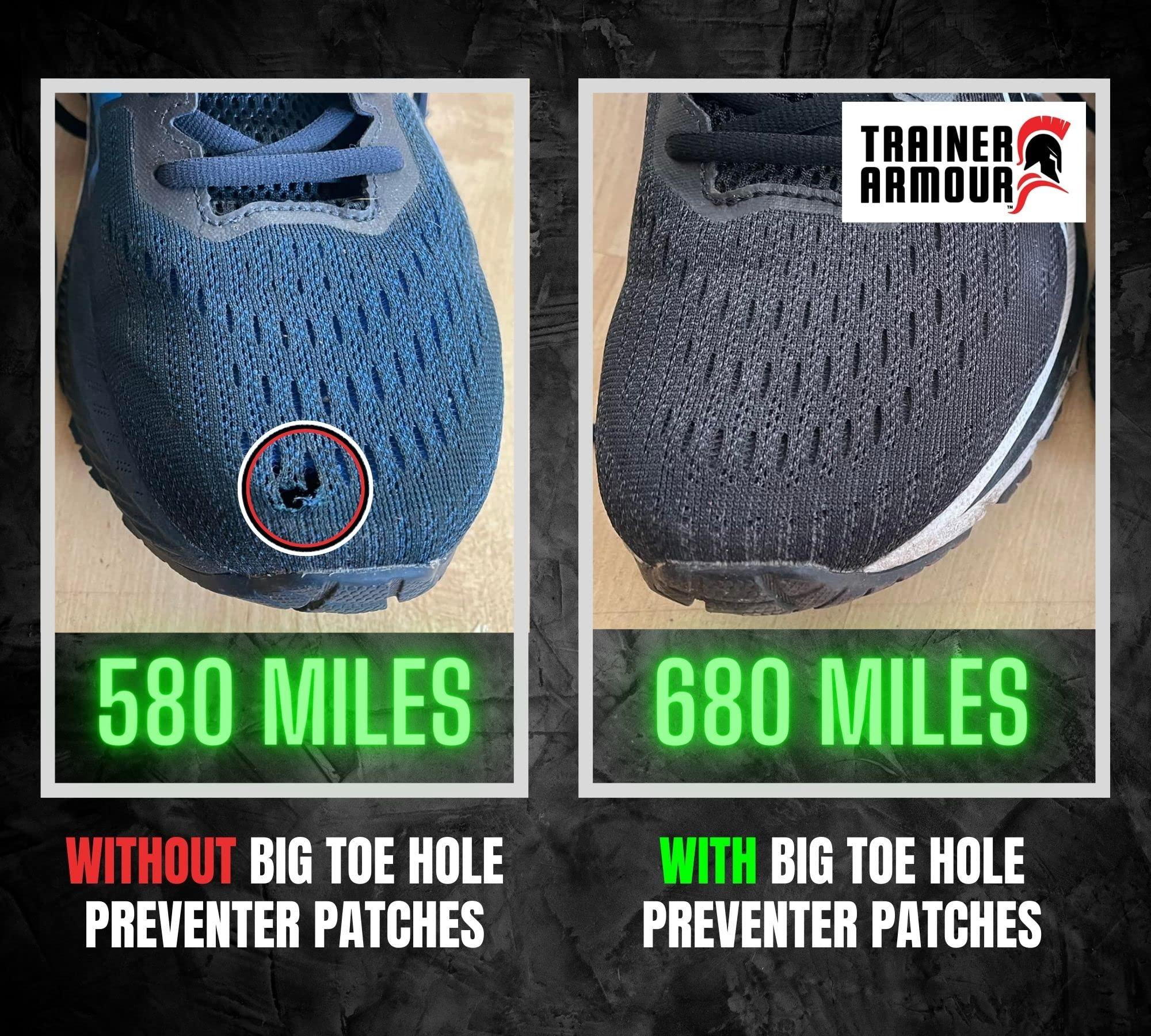 Trainer Armour Trainer Armour - Big Toe Hole Preventer, self-Adhesive Patches with a Clever applicator. Shoe Toe Burst Toe Box Blowout Prevention Insert, Toe Hole Area Repair Patch. for Running Shoes and Sneakers.