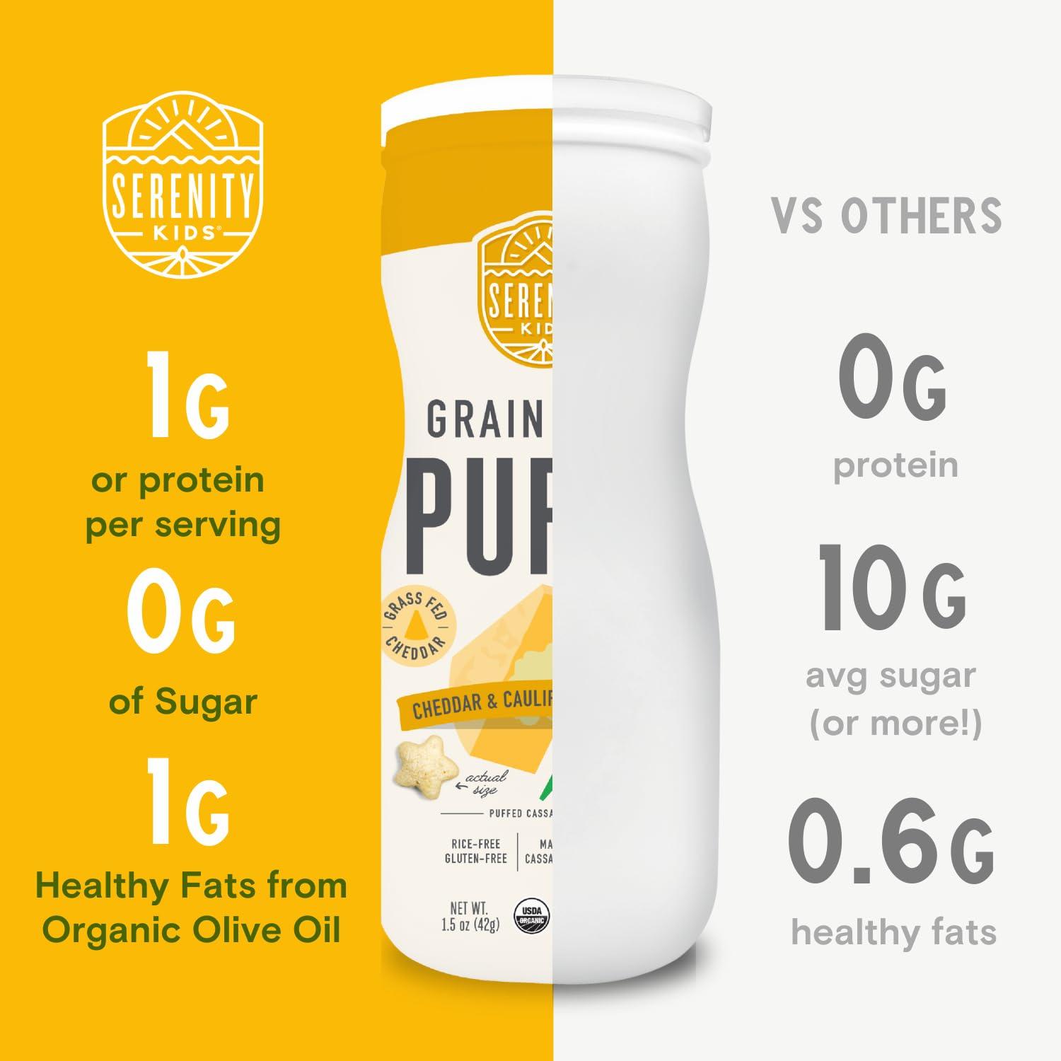 Serenity Kids Serenity Kids 6+ Month Grain-Free Toddler & Baby Puffs - No Sugar, Gluten & Rice - BPA & Allergen-Free - With Organic Cassava, Veggies & Herbs, White Cheddar & Cauliflower - 6 Count