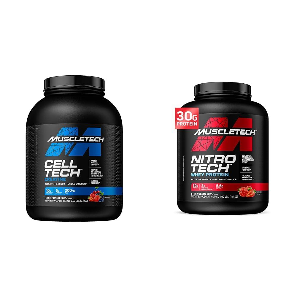 MuscleTech MuscleTech Cell-Tech Creatine Powder & Nitro-Tech Whey Protein Powder Bundle | Muscle Builder & Recovery Formula | 6 lbs Creatine & 4 lbs Whey | Strawberry Flavor