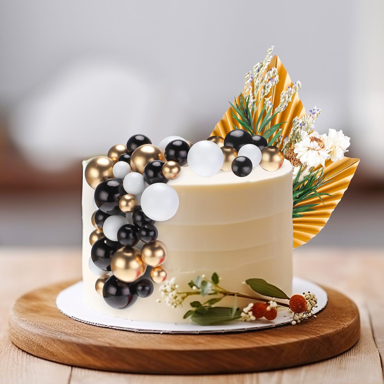 Hoemwarm Hoemwarm 41 PCS Black Ball Cake Toppers Ball Cake Picks Boho Gold Palm Leaves Cake Decor Gold Mini Balloon Dried Flower Topper Pearl Ball Cake Insert for Baby Shower Birthday Wedding Party(Black)