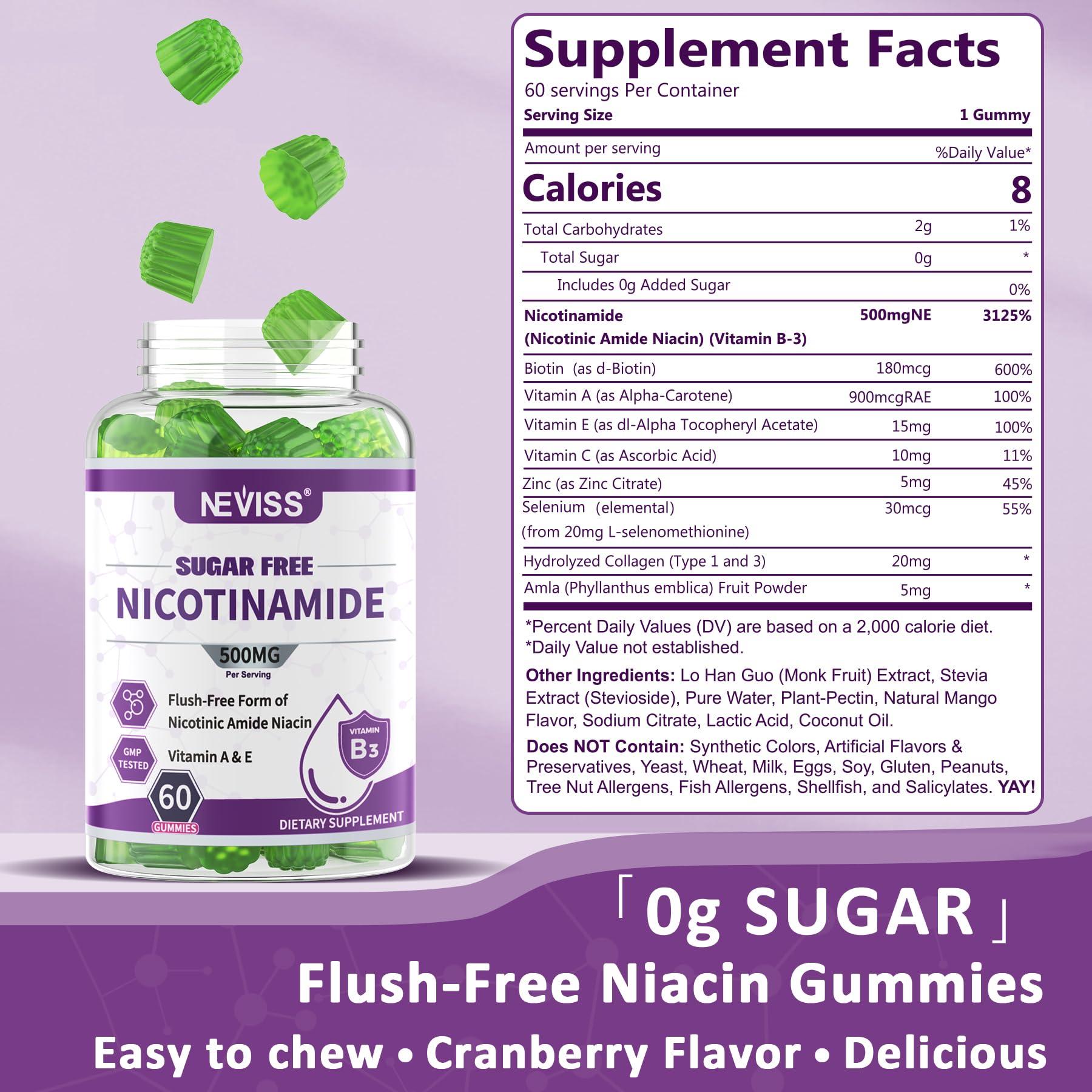 NEVISS Sugar Free Nicotinamide 500mg Gummies, (Flush Free Niacin) Vitamin B3 Niacinamide Supplement for Cellular Energy Metabolism & Repair, Vitality, Healthy Aging, Cranberry Flavor, Easy to Chew, 120 Cts