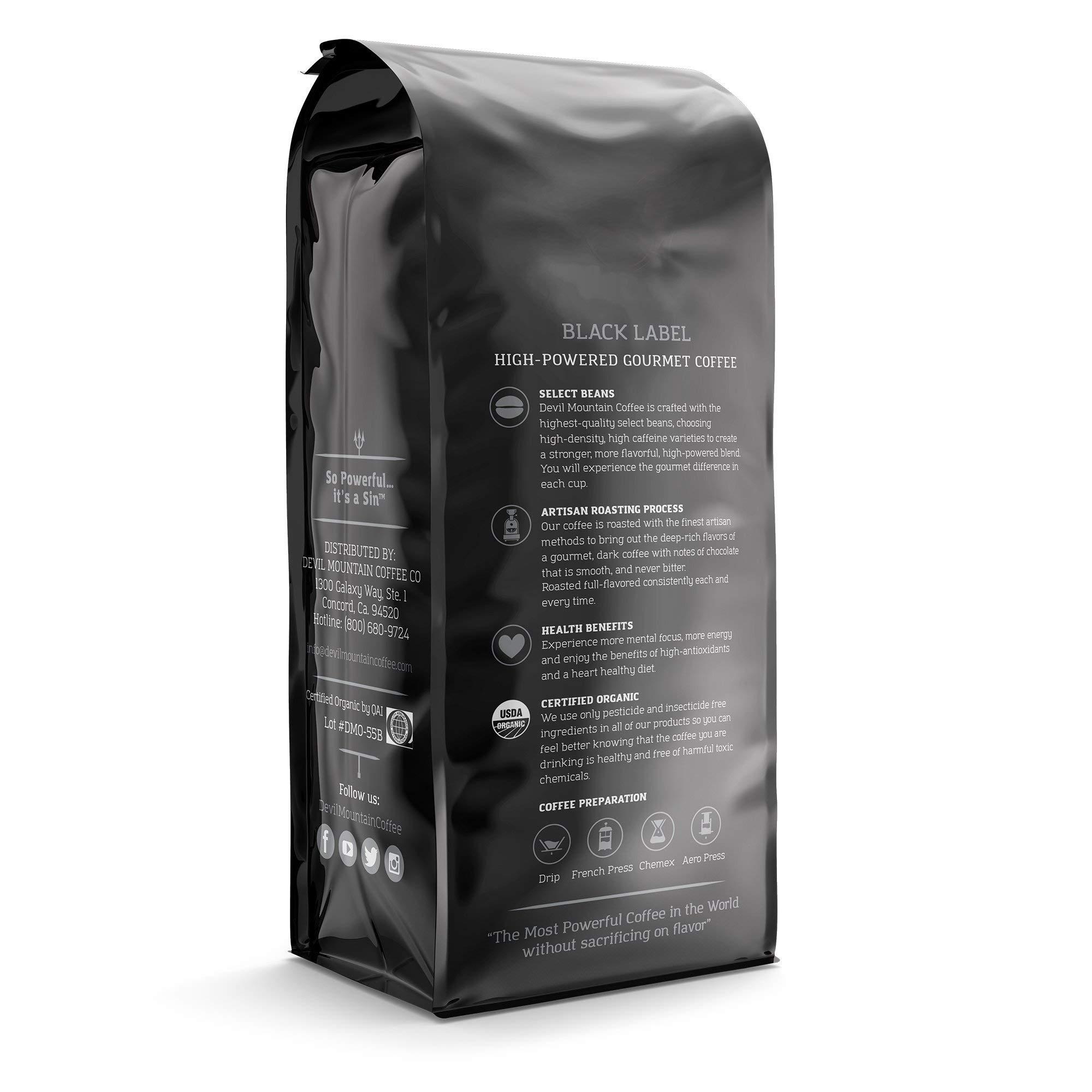 Devil Mountain Coffee Devil Mountain Coffee Black Label Dark Roast Whole Bean Coffee, Strong High Caffeine Coffee Beans, USDA Organic, Fair Trade, Gourmet Artisan Roasted, Strongest Coffee in the World, 16 oz Bag