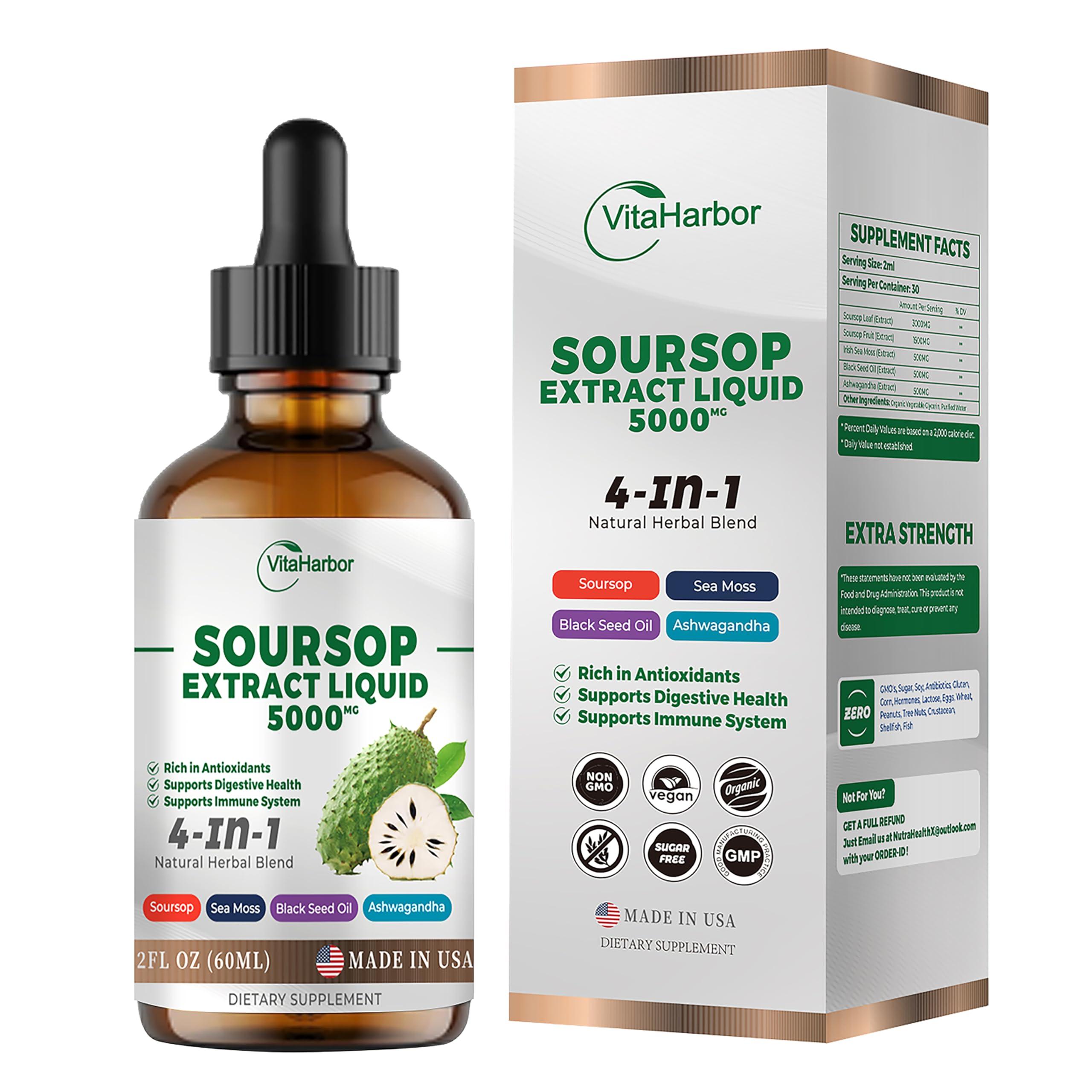 VitaHarbor 4-in-1 Soursop Bitters Liquid, Soursop Oil with Sea Moss & Black Seed Oil & Ashwagandha, for Immune & Digestive & Cell Support, Sugar-Free | Non-GMO | Vegan (2 Fl oz) Slightly Sweet Flavor