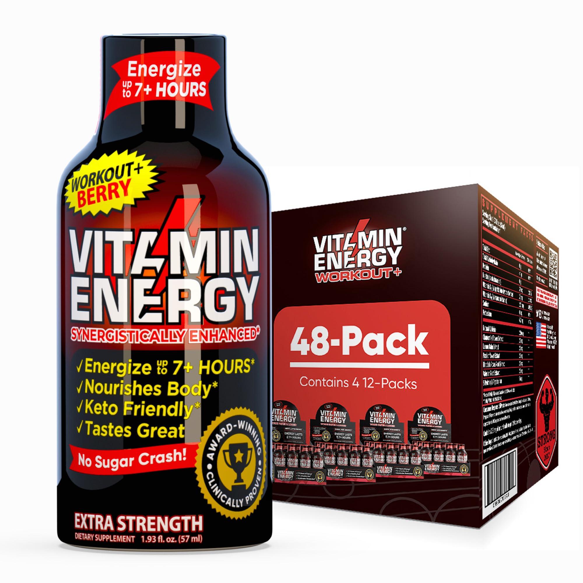 Vitamin Energy Vitamin Energy Pre Workout Drink - Keto Friendly Sugar Free Shots | Natural Clean Green Tea Caffeine with Proprietary Endurance Blend | Energize up to 7+ Hours - Berry - 1.93 Fl Oz- Pack of 48
