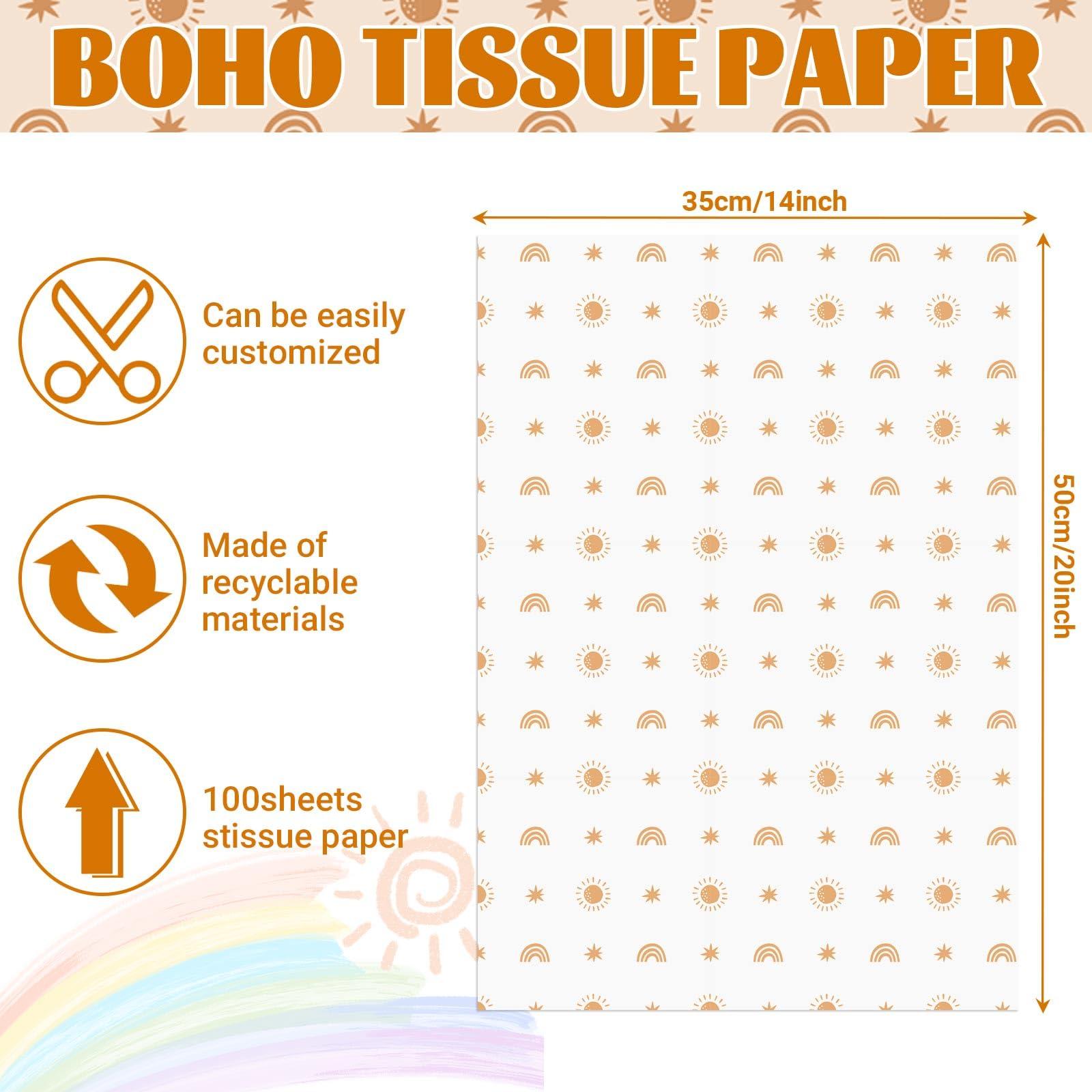 Bolsome 100 Sheets 20 * 14 Inches Sunshine Boho Rainbow Tissue Paper for Gift Wrapping Boho Wrapping Paper Printed Pastel Tissue Paper Bulk for Gift Bags for Birthday Wedding Baby Shower DIY Craft