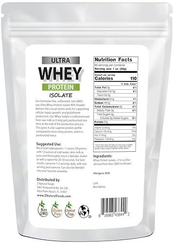 Z Natural Foods Z Natural Foods Ultra Whey Protein Isolate Powder - Pure, Unflavored, Unsweetened Whey Protein Powder - Flavorless Whey Isolate with Vital Proteins for Fitness, Sports Nutrition, Immune Support, 5 lb