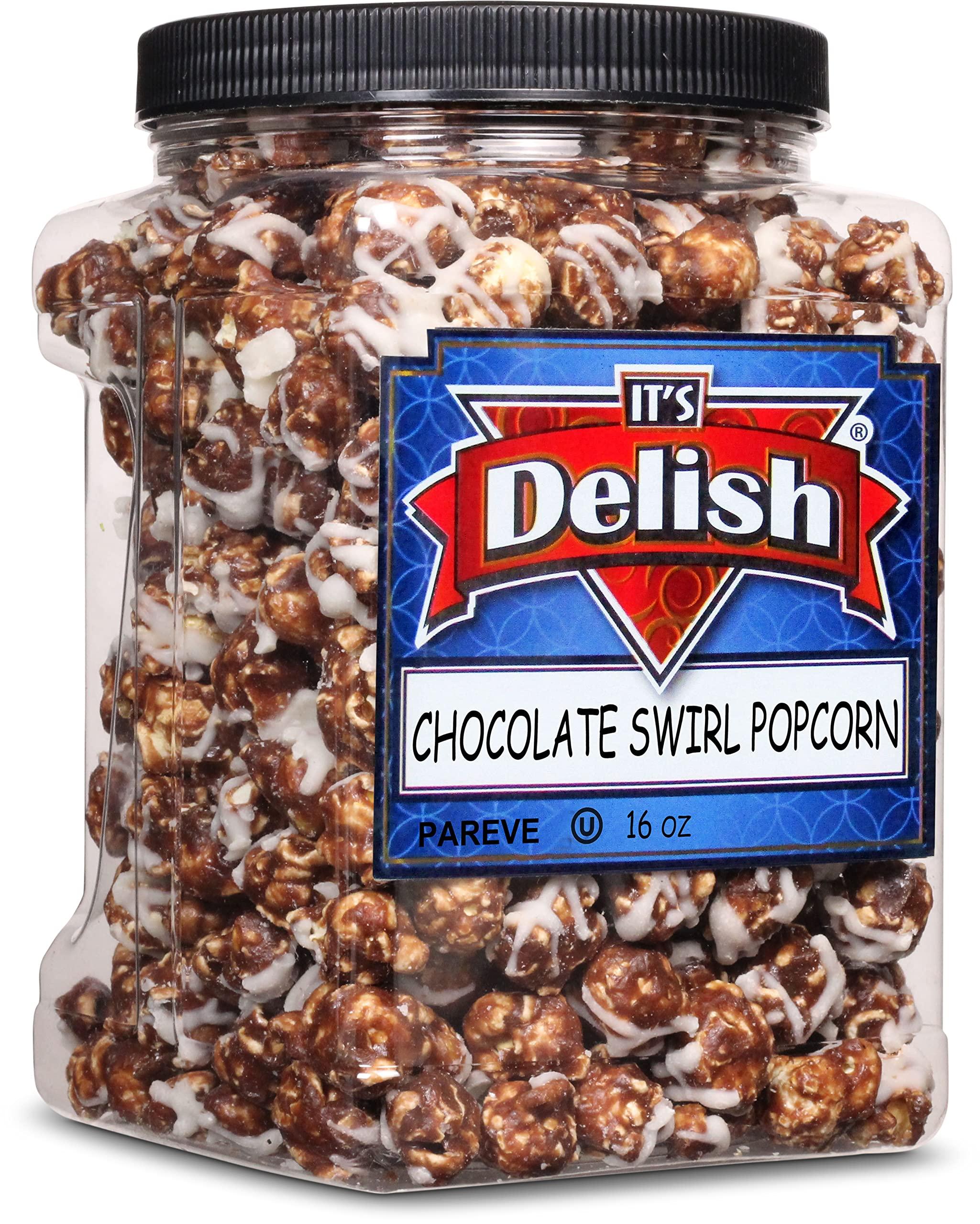 It's Delish Chocolate Swirl Popcorn by Its Delish, 16 Oz (1 Lb) Jumbo Container Bulk Popcorn, Festive Chocolate Air Popped Sweet Crunchy Popcorn with Chocolate Corn Snack, Parties – Gluten Free, Vegan, Kosher