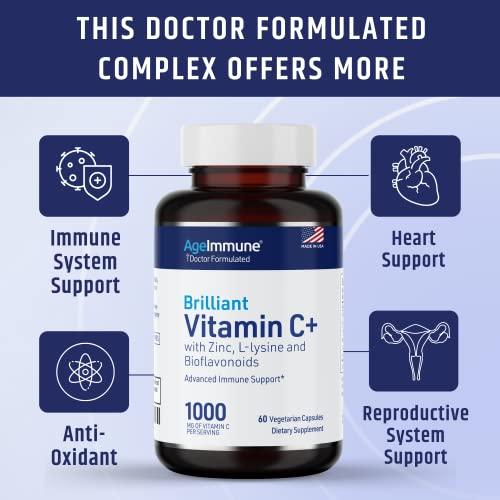 AgeImmune Vitamin C 1000mg Complex with L-Lysine 500mg, Zinc Gluconate 12mg, Bioflavonoids 300mg. Doctor Formulated Magnesium Stearate Free Supplements for Healthy Immune System Support. Two Bottles.(2)