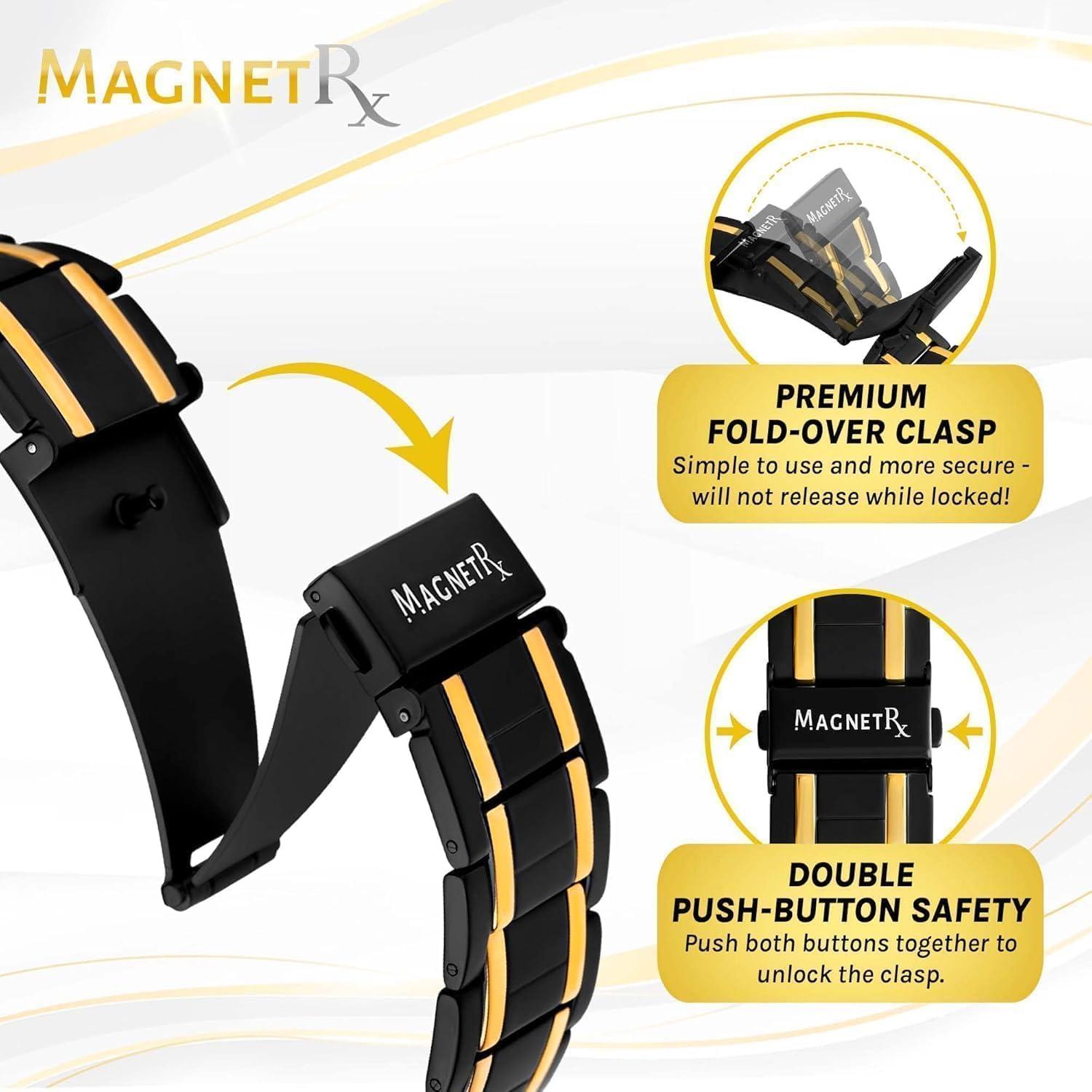 MagnetRX MagnetRX 3X Strength Titanium Magnetic Bracelet Magnetic Bracelets for Men Premium Fold-Over Clasp and Adjustable Length with Sizing Tool (Black/Gold)