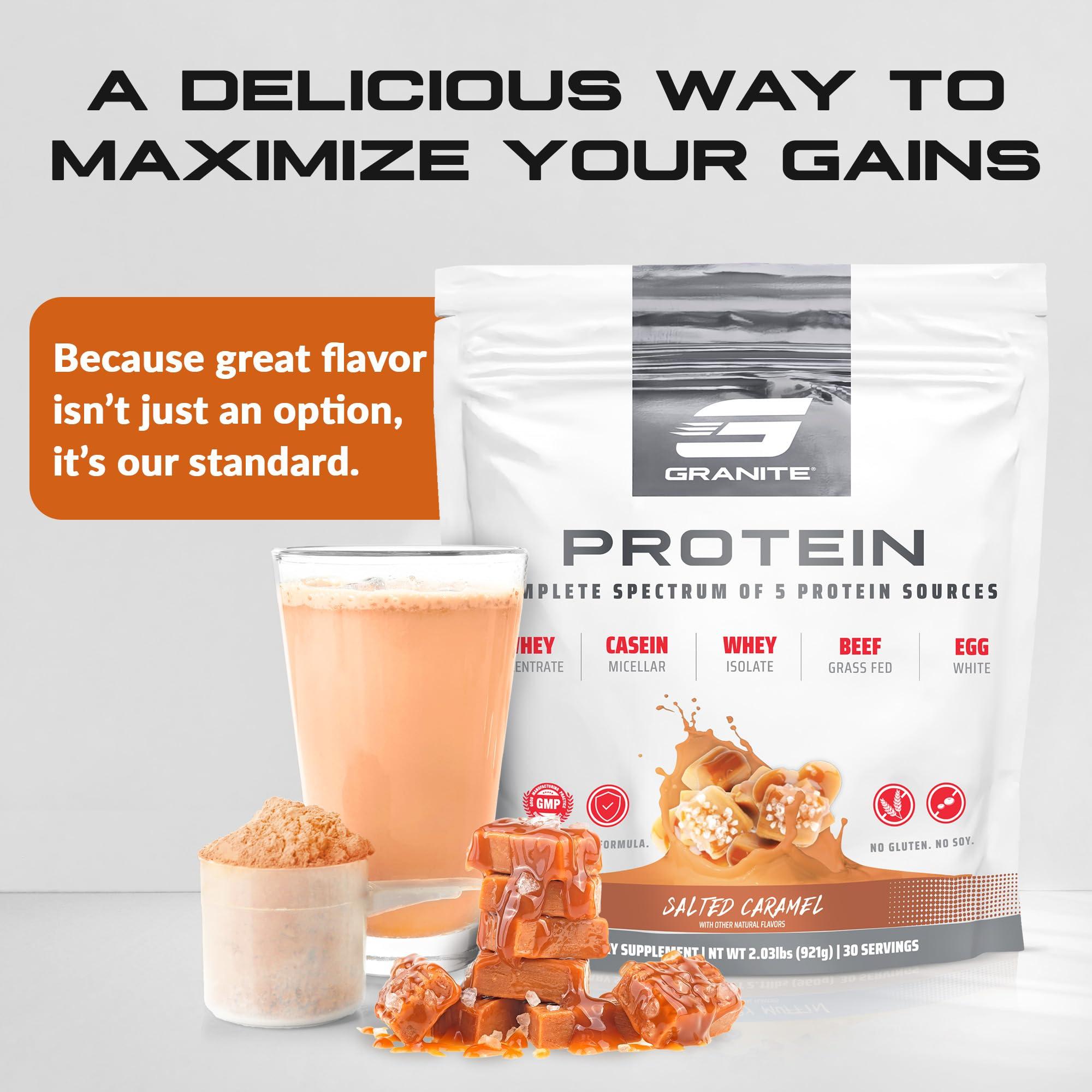 Granite Supplements Granite Protein Powder Whey Isolate & Concentrate, Salted Caramel Flavor, Casein for Muscle Building & Workout Recovery with 23g Protein from 5 Sources (30 Servings)