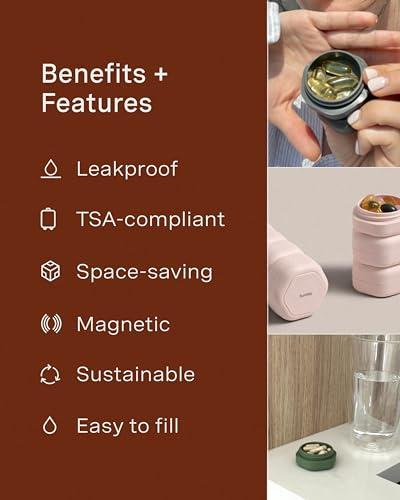 Cadence Cadence Travel Containers - Pill Case Set - Magnetic Travel Capsules - A Daily Pill Box for Supplements & Vitamins - Contains 7 Flex Mediums (0.56oz) with Labels for Everyday of The Week - Charcoal