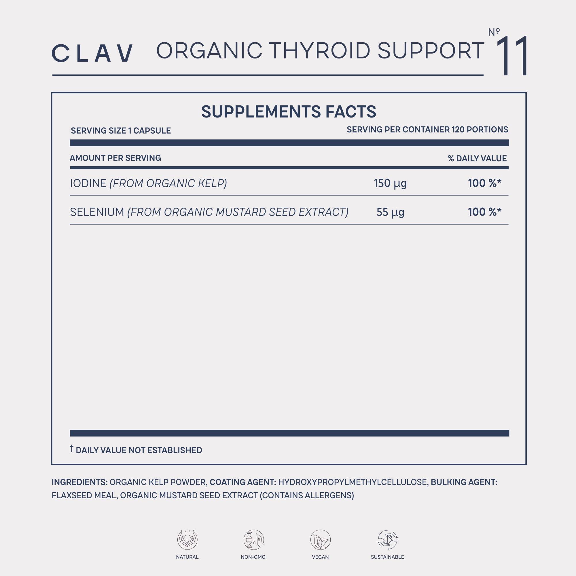 CLAV Organic Thyroid Support Supplement with Iodine from Sea Kelp Organic and Selenium from Mustard Seed Extract - 120 Capsules - Natural Thyroid Supplement for Men & Women - Vegan and Gluten Free