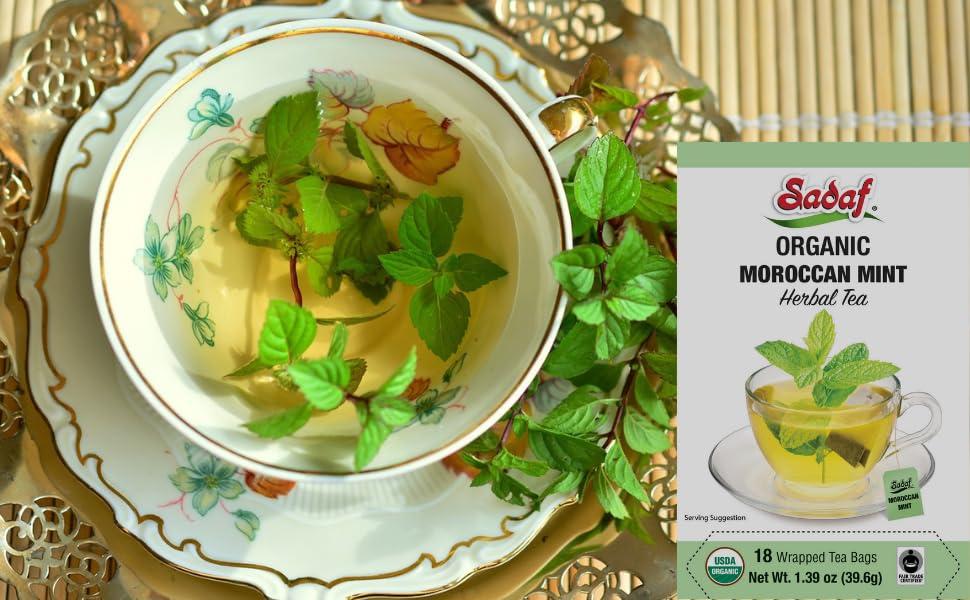 Sadaf Sadaf Organic Moroccan Mint Tea - Mint Tea Bags - Ideal for Hot or Iced Tea - Organic Herbal Tea - Kosher - 18 Wrapped Tea Bags