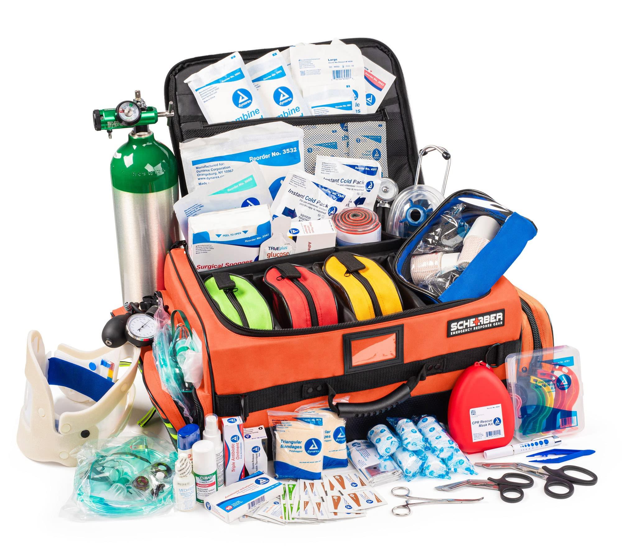 Scherber Scherber Fully Stocked First Responder Ultimate Professional EMT/EMS Trauma Kit | HSA/FSA Approved | w/10+ Compartments, Zippered Pockets, Dividers, Oxygen Access & 260+ First Aid Supplies (Orange)