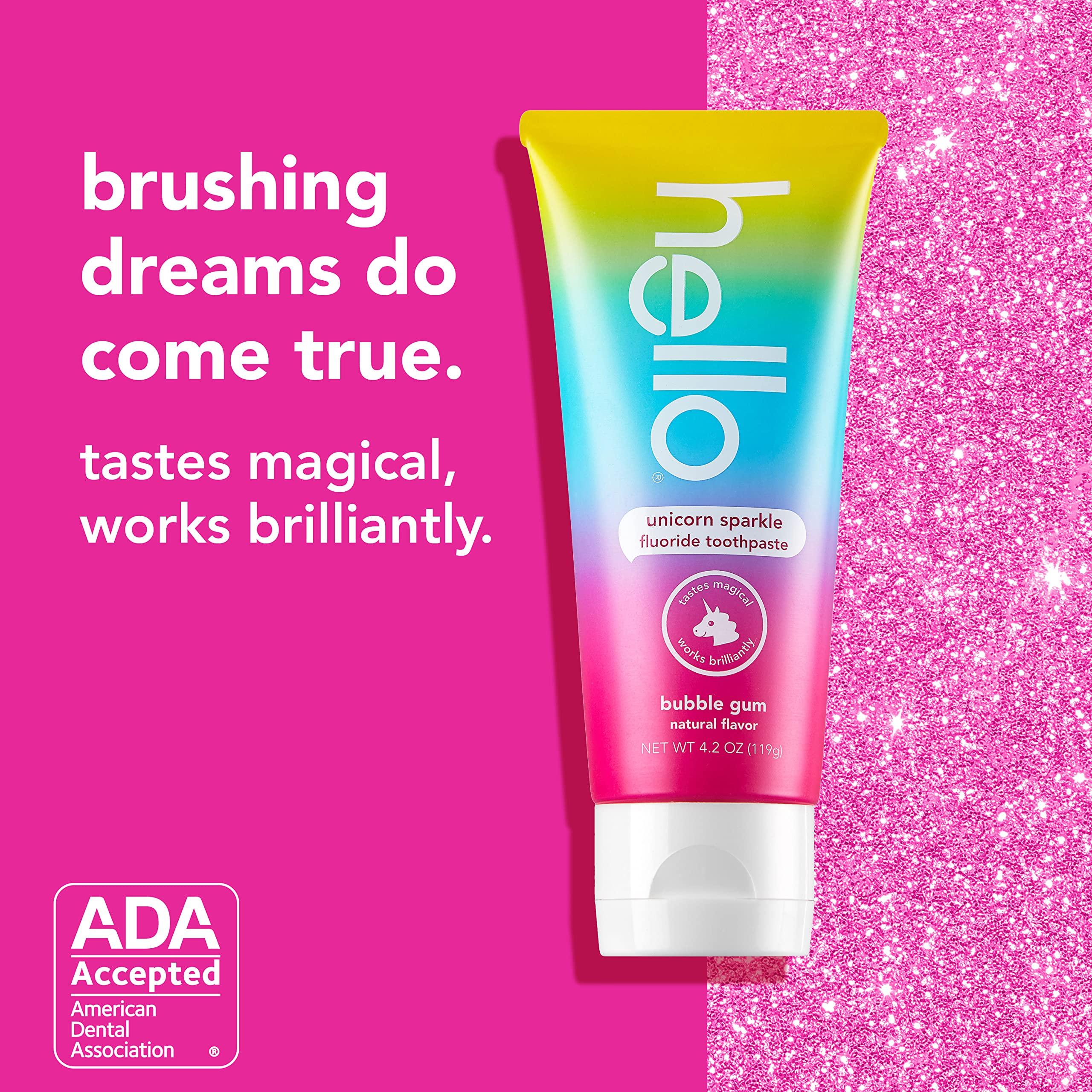 hello hello Unicorn Sparkle Kids Fluoride Toothpaste, Natural Bubble Gum Flavor, ADA Approved & Naturally Whitening Fluoride Toothpaste, Natural Peppermint Flavor and Tea Tree Oil
