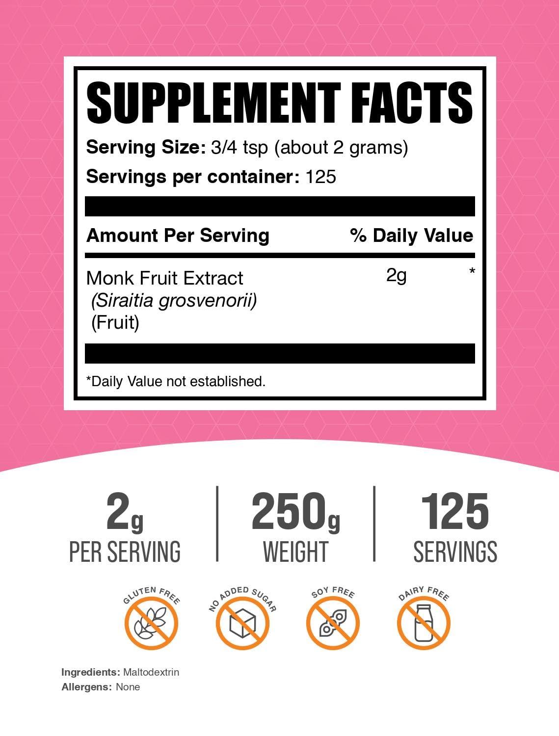 BulkSupplements BulkSupplements.com Monk Fruit Extract Powder - Luo Han Guo - Pure Monk Fruit - Monk Fruit Powder - Monk Fruit Without Erythritol - 2g or Monk Fruit Extract per Serving (250 Grams - 8.8 oz)