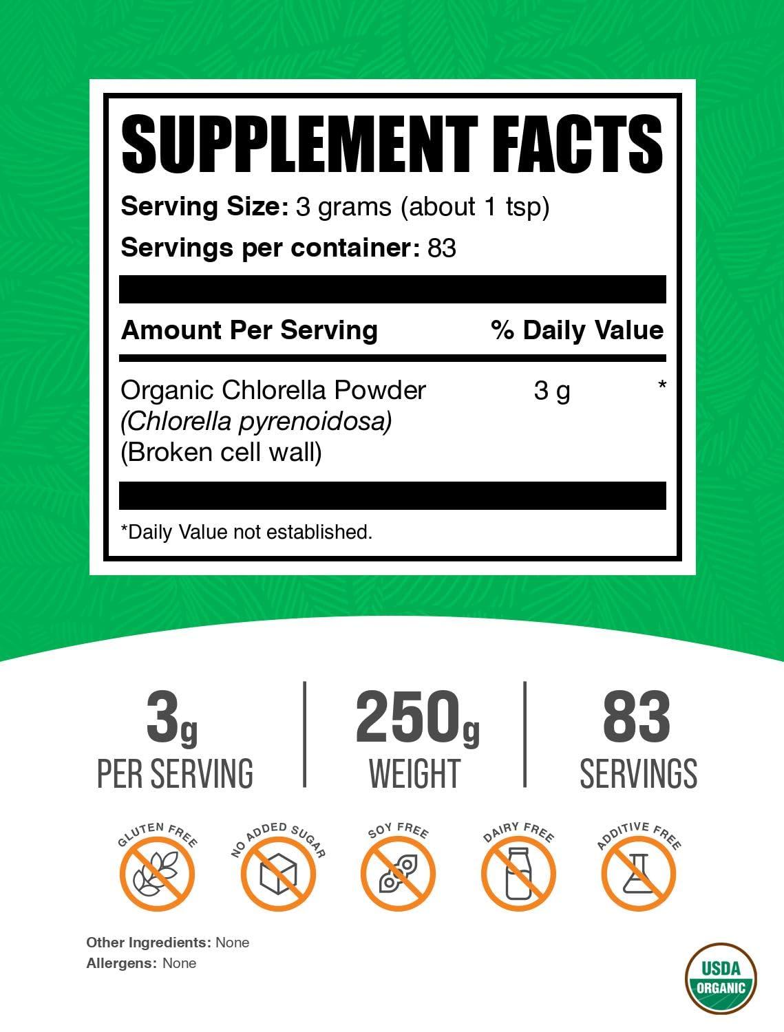 BulkSupplements BulkSupplements.com Organic Chlorella Powder - Broken Cell Wall, Green Superfood Powder, Greens Supplements - Vegan & Gluten Free, 3g per Serving, 250g (8.8 oz) (Pack of 1)