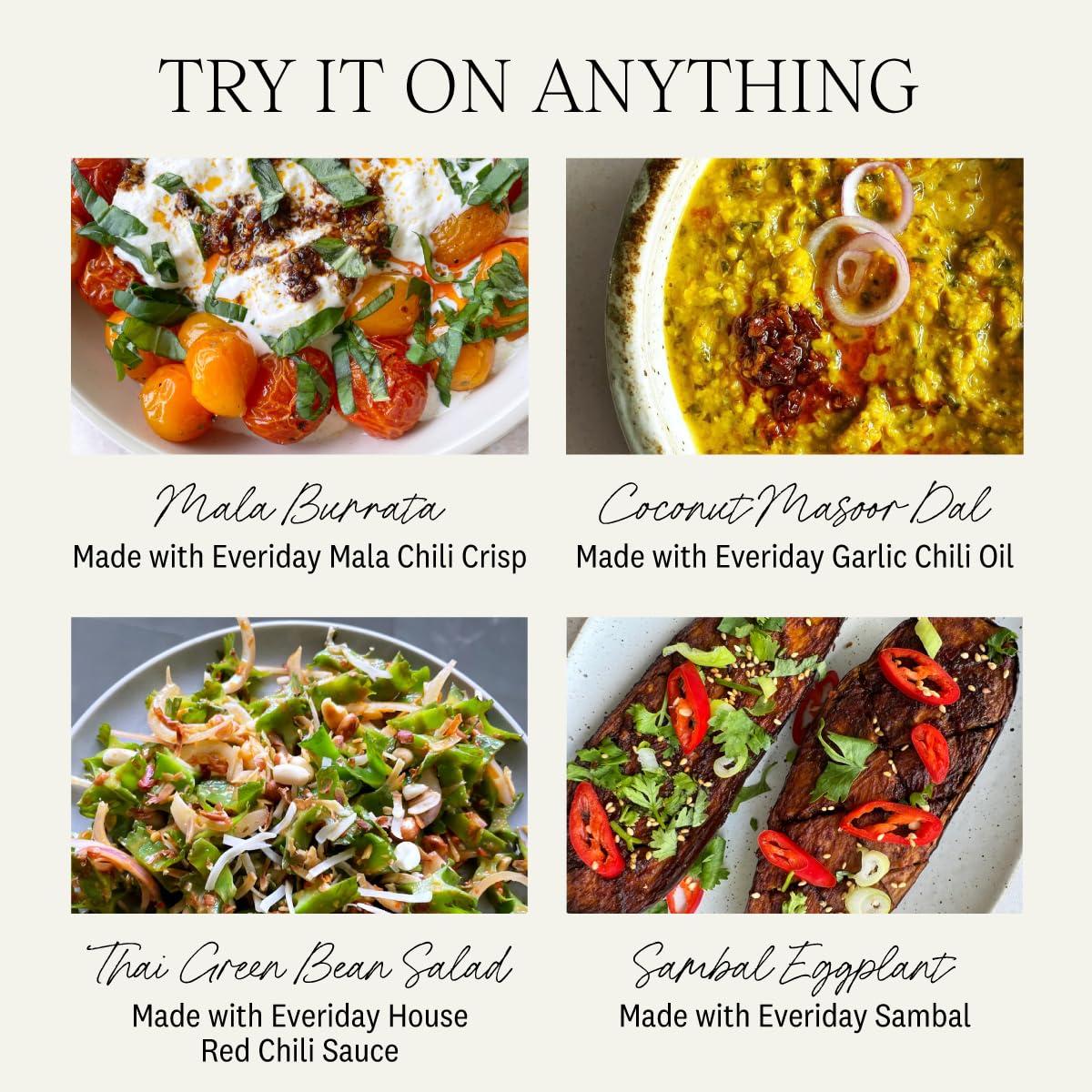 Everiday Foods EVERIDAY Mala Chili Crisp | Fiery Sichuan Chili Oil Made with Extra Virgin Olive Oil | Hot Sauce Alternative | All-Natural, Gluten-Free, Vegan, Keto, Whole30 Approved | 4.2 oz