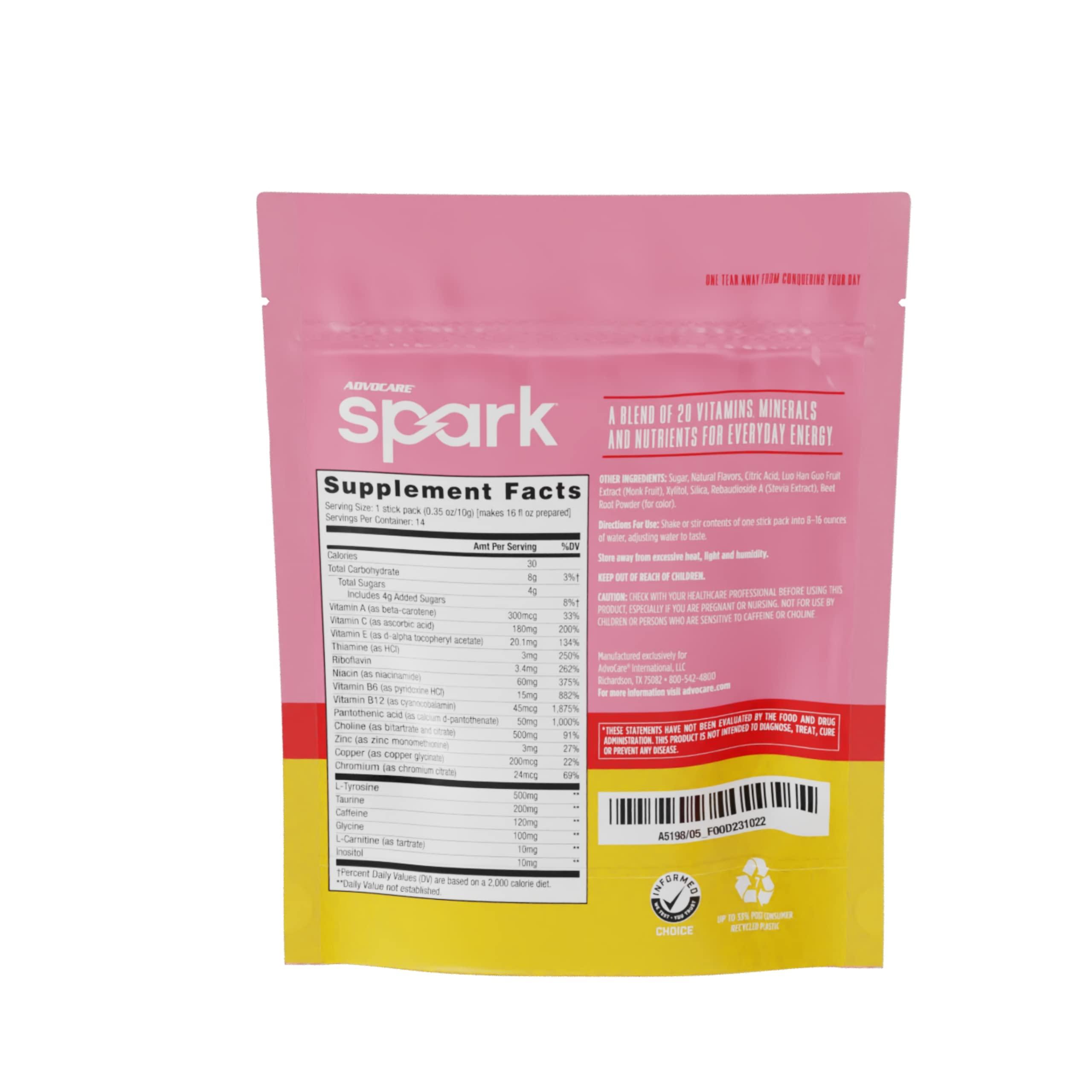 AdvoCare AdvoCare Spark Vitamin & Amino Acid Supplement - Sugar-Free Focus & Energy Drink Powder with Vitamins A, C, E & B-12 - Raspberry Lemonade, 14 Stick Packs