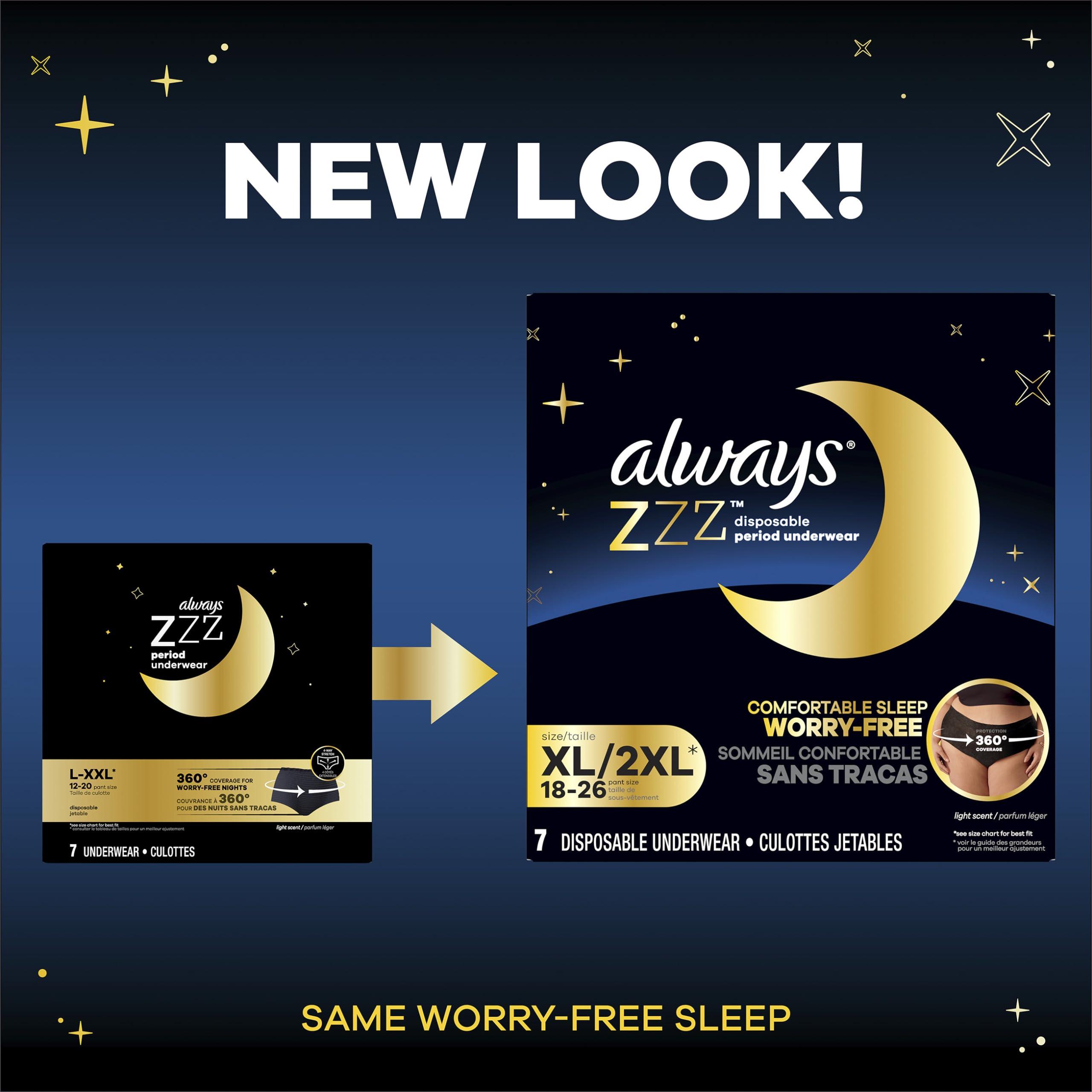 Always Always ZZZ Overnight Disposable Period Underwear for Women Size XL-2XL, 360 Coverage for Worry-Free Nights and Comfortable Sleep Period Protection, 7 Count x 2 Pack (14 Count Total)
