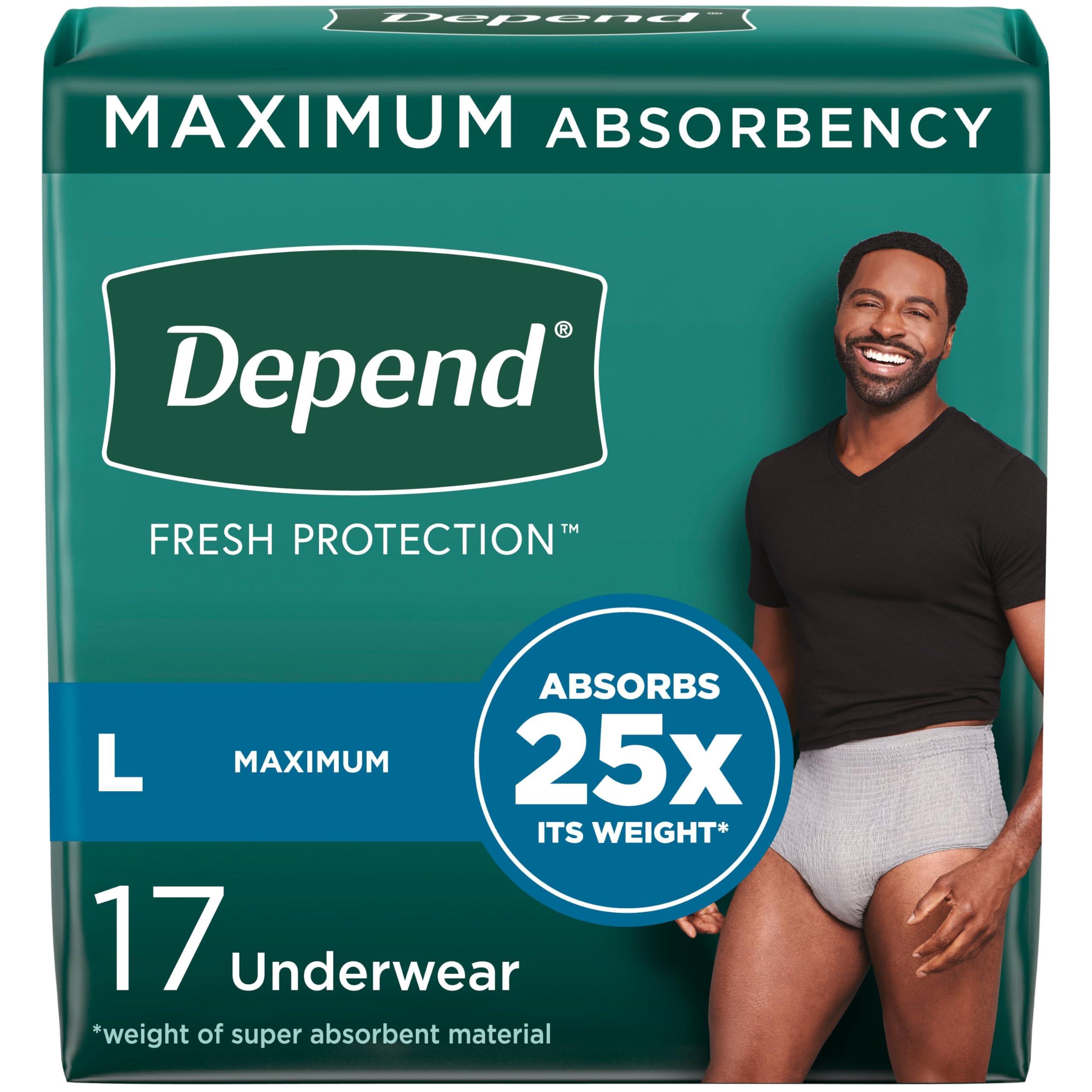 Depend Depend Fresh Protection Adult Incontinence Underwear for Men, Disposable, Maximum, Large, Grey, 17 Count, Packaging May Vary