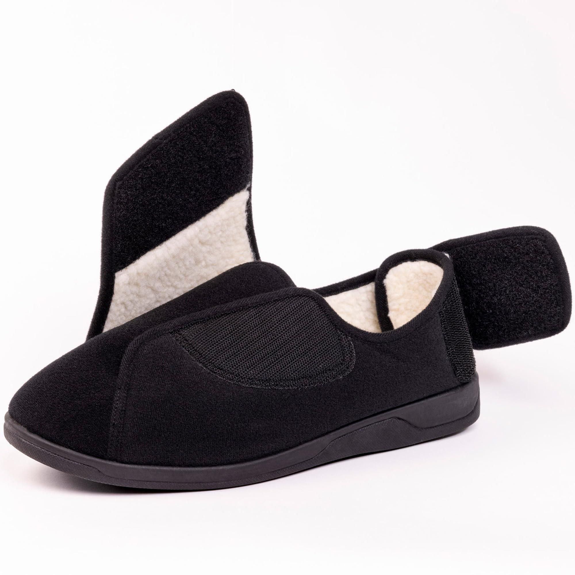 EUROPEAN SOFTEST Womens Memory Foam Diabetic Slippers, Extra Wide Adjustable House Shoes, Plush Fleece for Arthritis, Edema, Swollen Feet, Anti-Slip Rubber Soles, Machine Washable, Indoor Outdoor Use (9, Black/White)