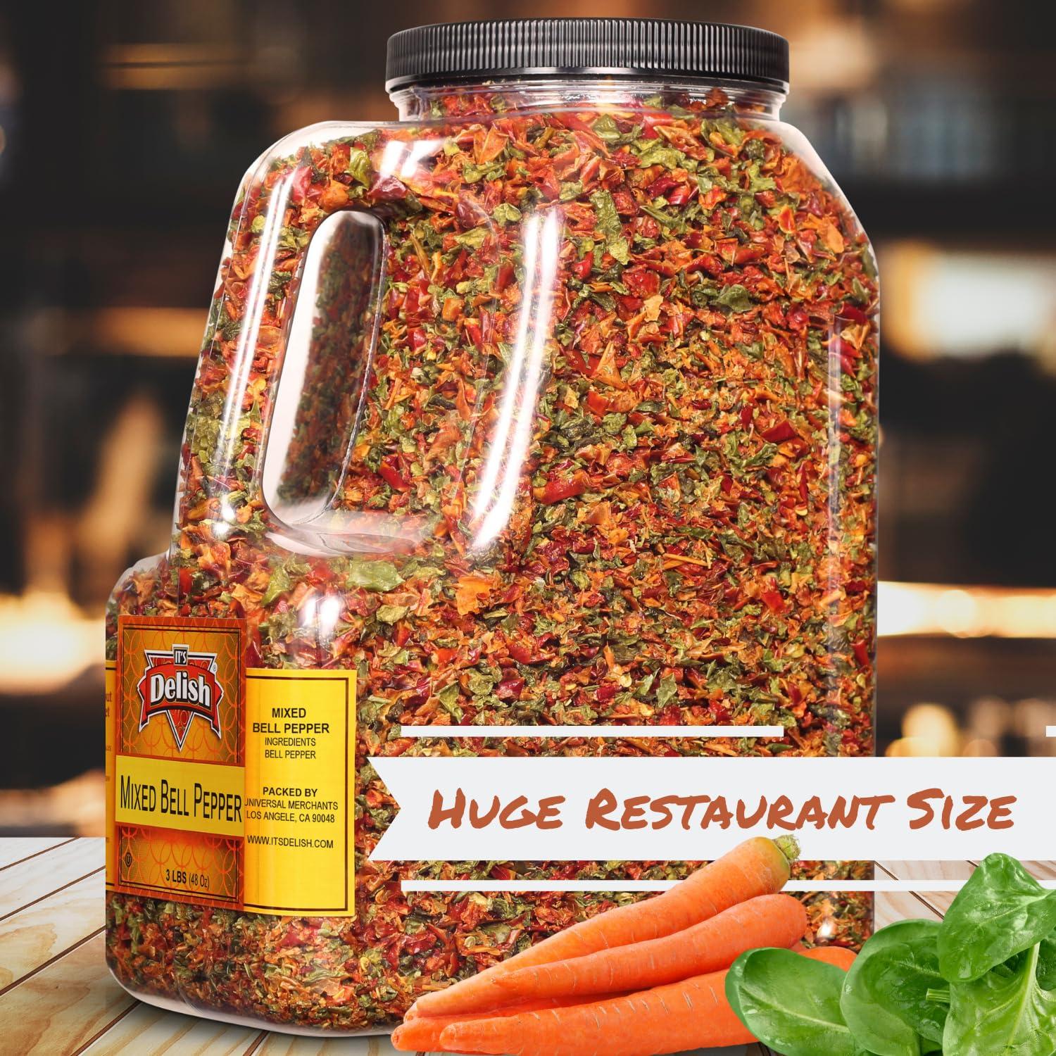 It's Delish Dehydrated Dried Red and Green Bell Peppers Mix by It's Delish 48 Oz (3 lbs) Restaurant Gallon Size Jug With handle Sealed to Maintain Freshness Chopped & Dried Vegetable Spice Seasoning