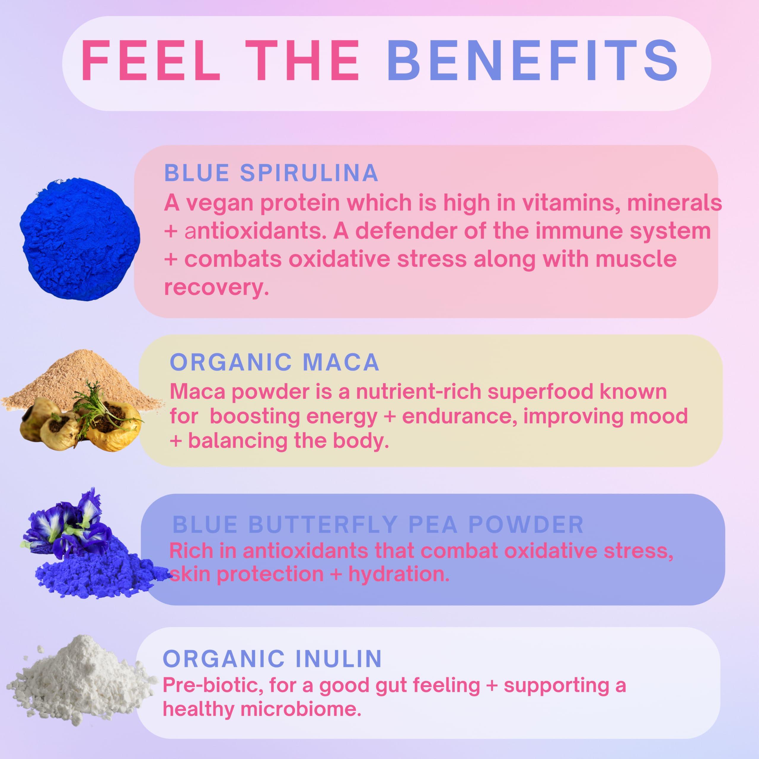 ELEVEN TLC A WELLNESS CO. Eleven TLC, Berry Well Superfood Wellness Drink Latte + Mix, Caffeine-Free, or Herbal Tea, Blue Spirulina, Blue Butterfly Pea Flower, Organic Maca, Keto Friendly, Vegan, 63 Servings