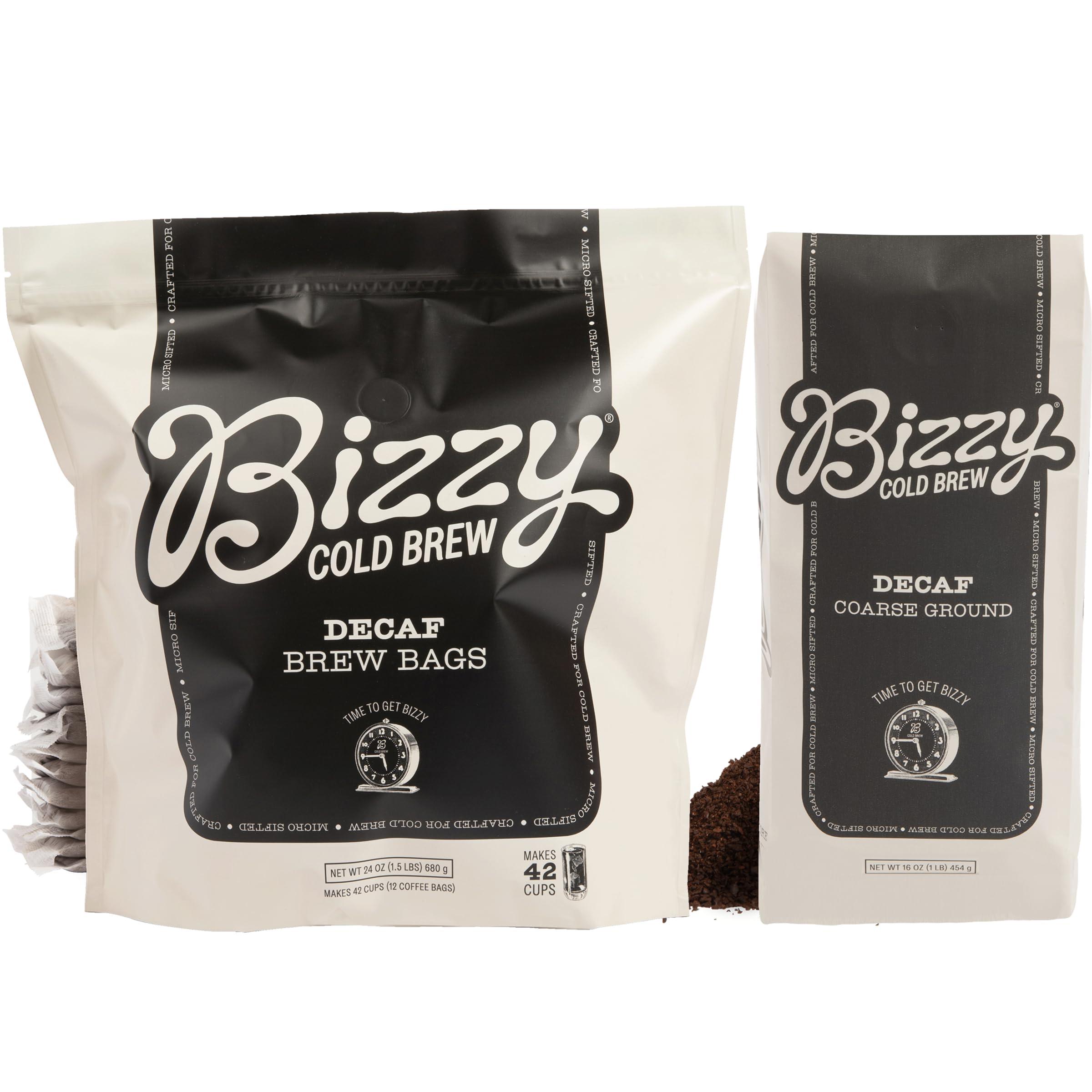 Bizzy Bizzy Cold Brew Coffee | Decaf Bundle | Coarse Ground Coffee + Brew Bags | Micro Sifted | Specialty Grade | 100% Arabica | 1 LB and 12ct Brew Bags
