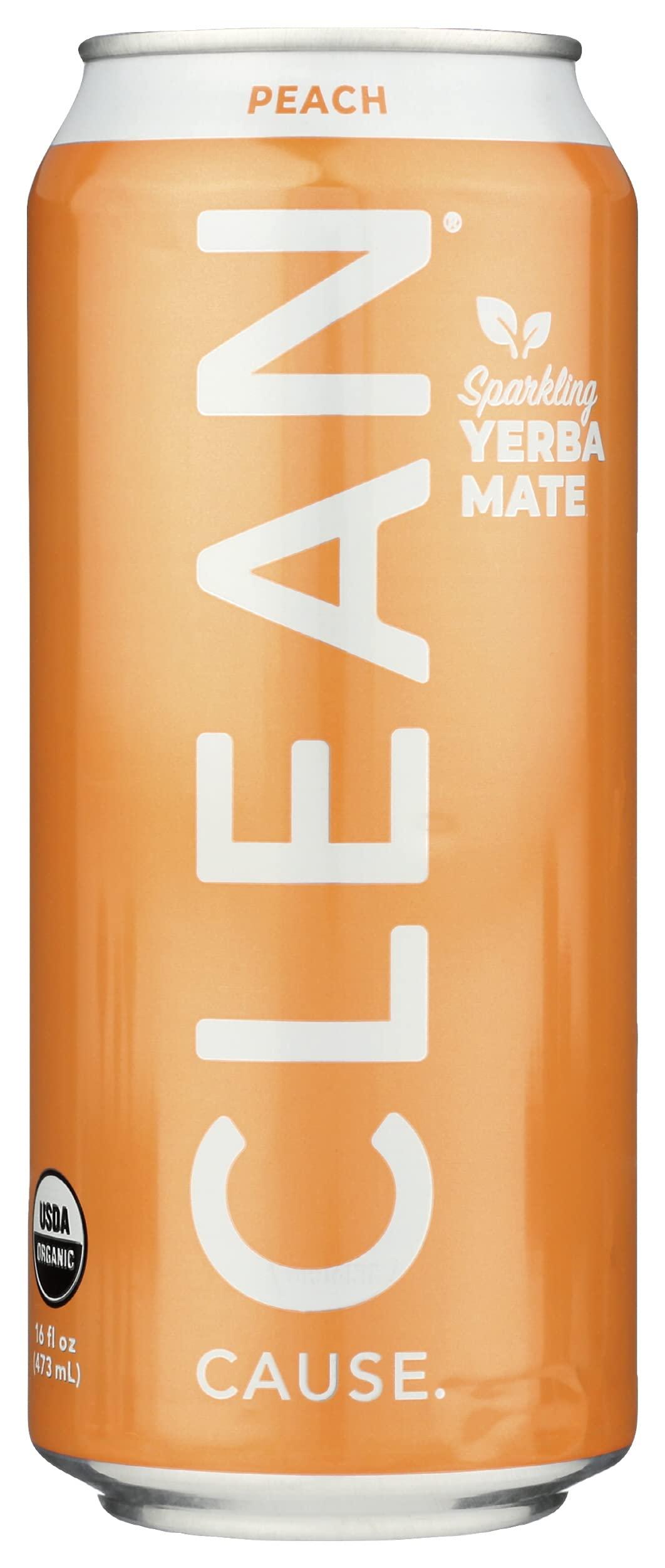 CLEAN CAUSE. Clean Cause Peach Organic Sparkling Yerba Mate 16 oz (Pack of 12)