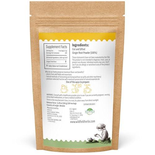 WILDFIELD HERBS 100 Ginger Tea Bags Ginger Root Tea Dry Dried Herb (Zingiber officinale) - 100 Count 1.5g Tea Bags Ginger Raz de jengibre