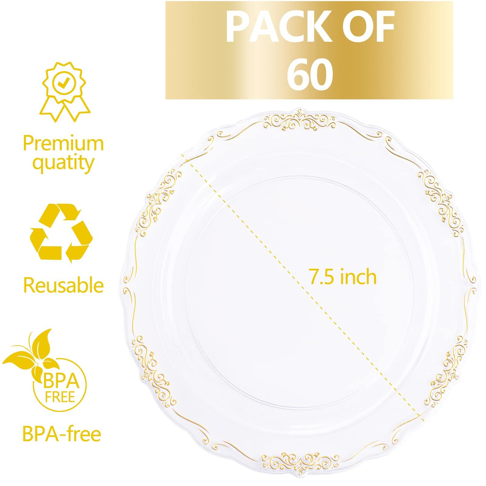 DaYammi DaYammi 60PCS Clear Plastic Plates Heavy Duty Clear Disposable Plates 7.5 Fancy Gold Dessert Plates Small Cake Plates Appetizer Plates Hard Round Plastic Plates Disposable for Wedding and Party