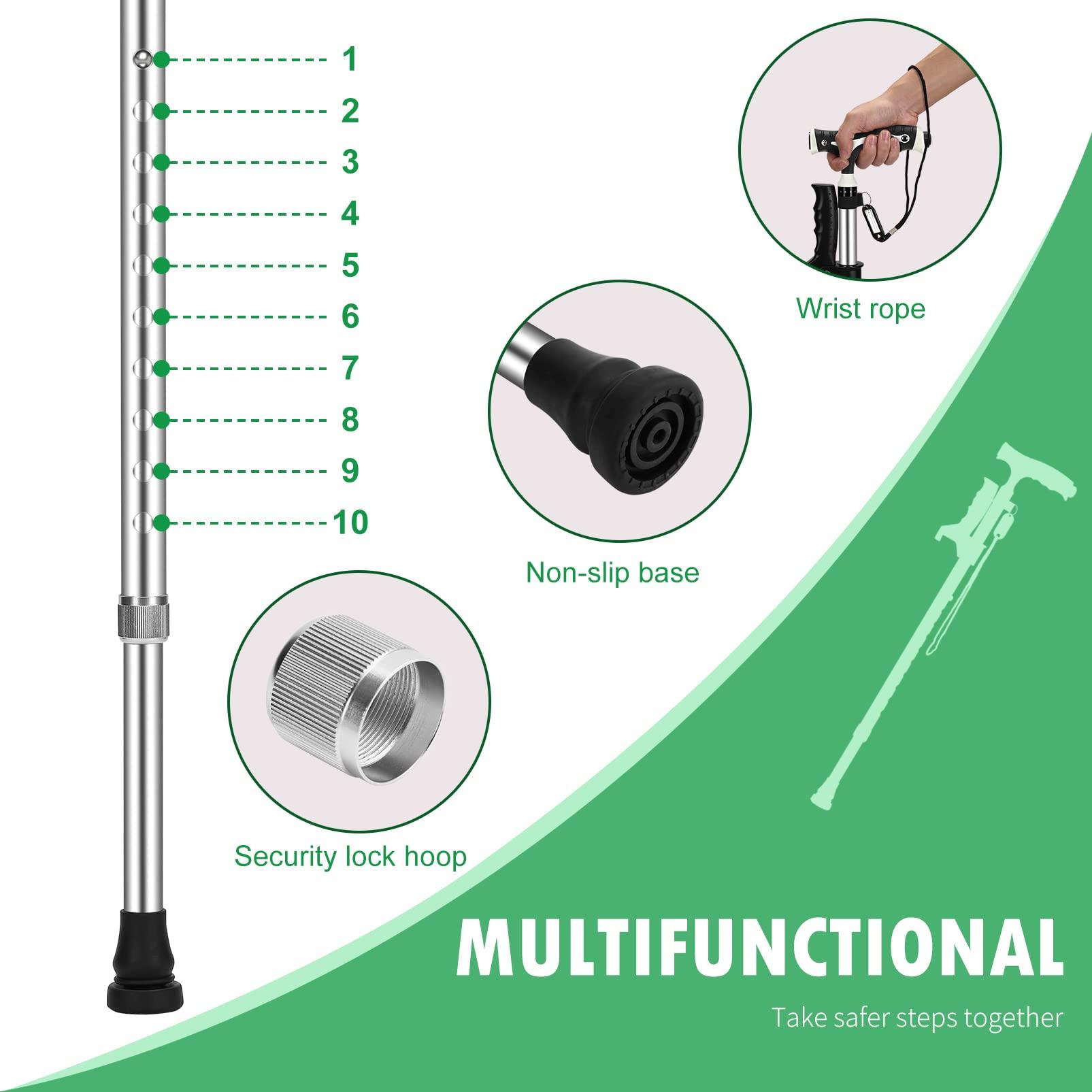 Yayayo Hold 440 Lbs Walking Cane for Men & Women Aluminum Alloy Lightweight Height Adjustable Walking Stick Heavy Duty Foldbale Free Standing Cane with LED for Seniors Adults Black