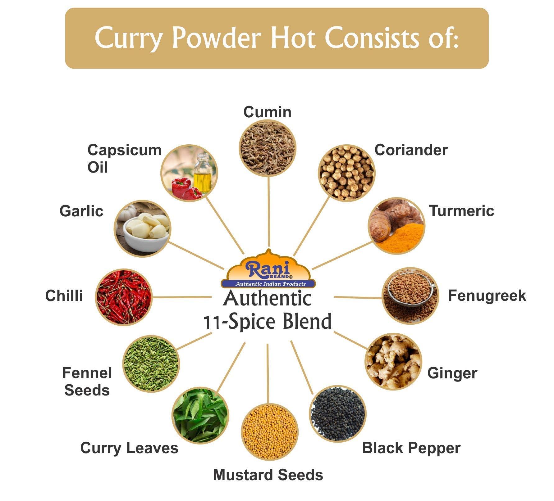 Rani Brand Authentic Indian Products Rani Curry Powder Hot (11-Spice Authentic Indian Blend) 3oz (85g) PET Jar, Pack of 12 ~ All Natural | Salt-Free | Vegan | No Colors | Gluten Friendly | NON-GMO | Kosher | Indian Origin