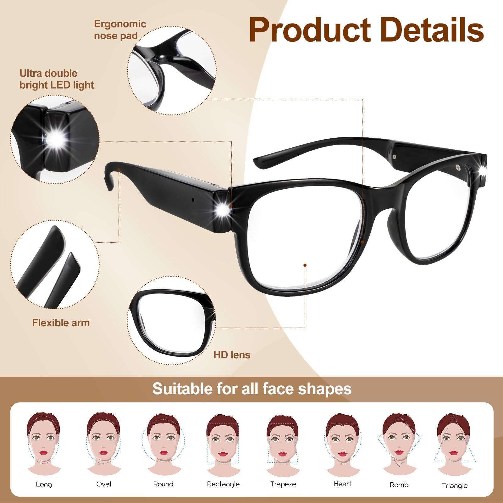 OuShiun OuShiun USB Rechargeable Led Reading Glasses Smart Lighted Eyewear for Women Men (Black, 2.0X)