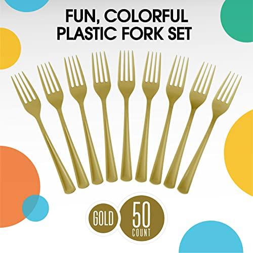 Exquisite Disposable Gold Plastic Forks 50 Pcs - Heavy Duty Gold Plastic Disposable Cutlery - Gold Disposable Flatware, Gold Plastic Silverware, Plastic Forks Gold Exquisite